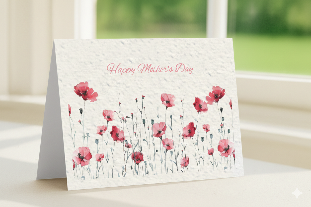 Poppy Design, seeded plantable Mother's Day Card, with a unique picture of brightly coloured poppies shown open