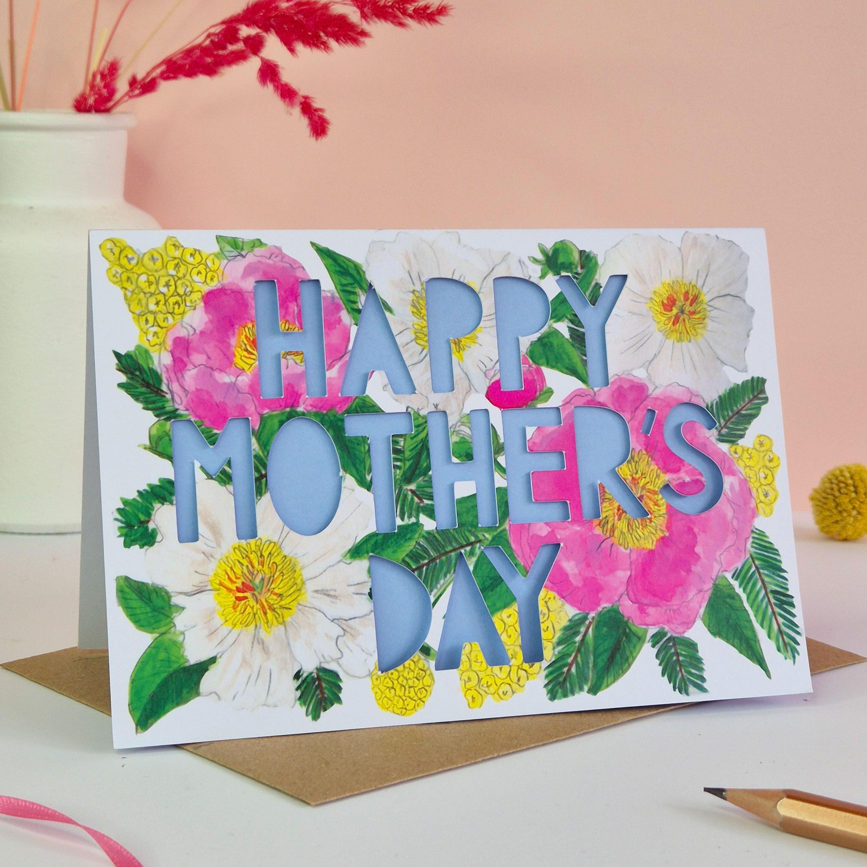 Happy Mother's Day peony card with lavender blue paper cut text