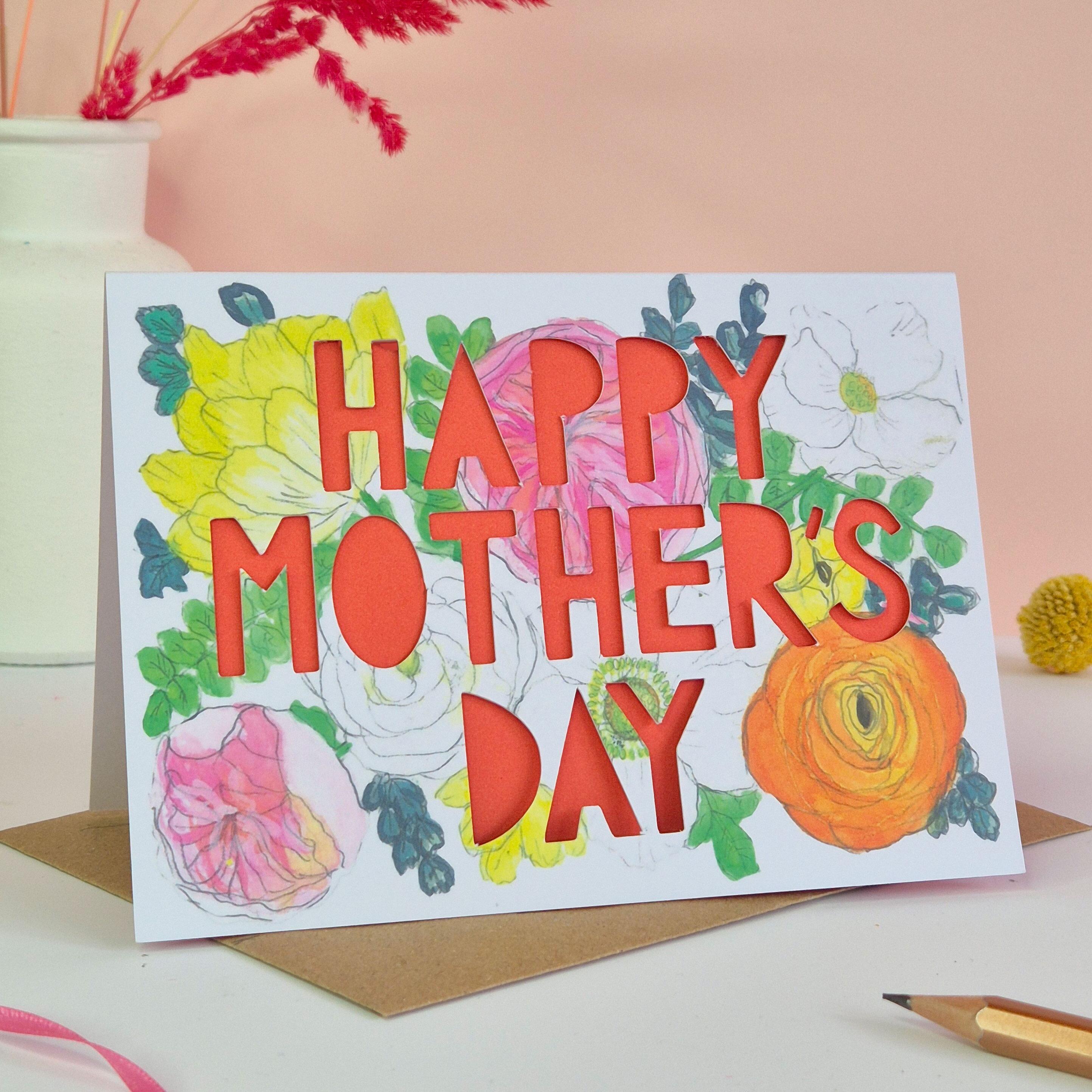 Happy Mother's Day in spring design with coral paper cut text