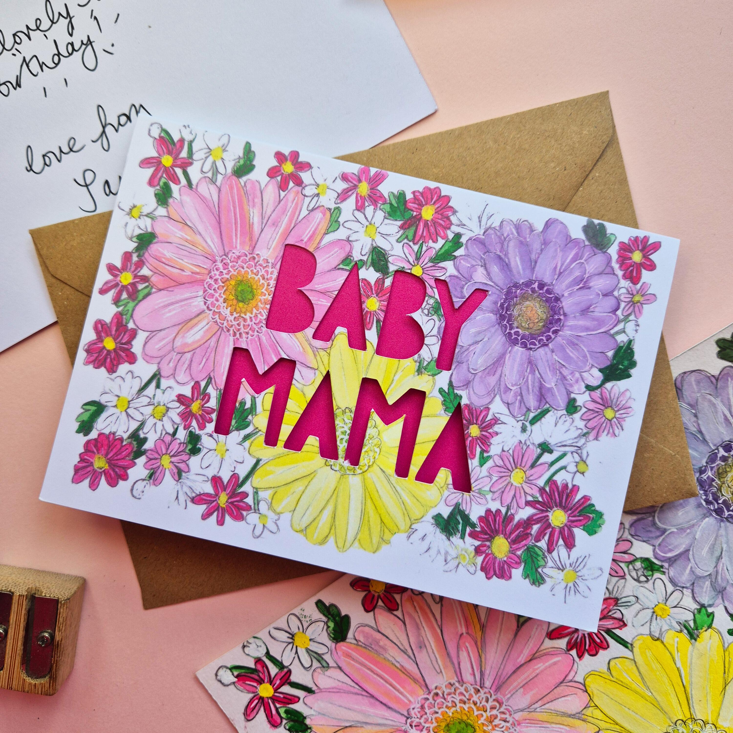 Baby Mama card with pink paper cut letters