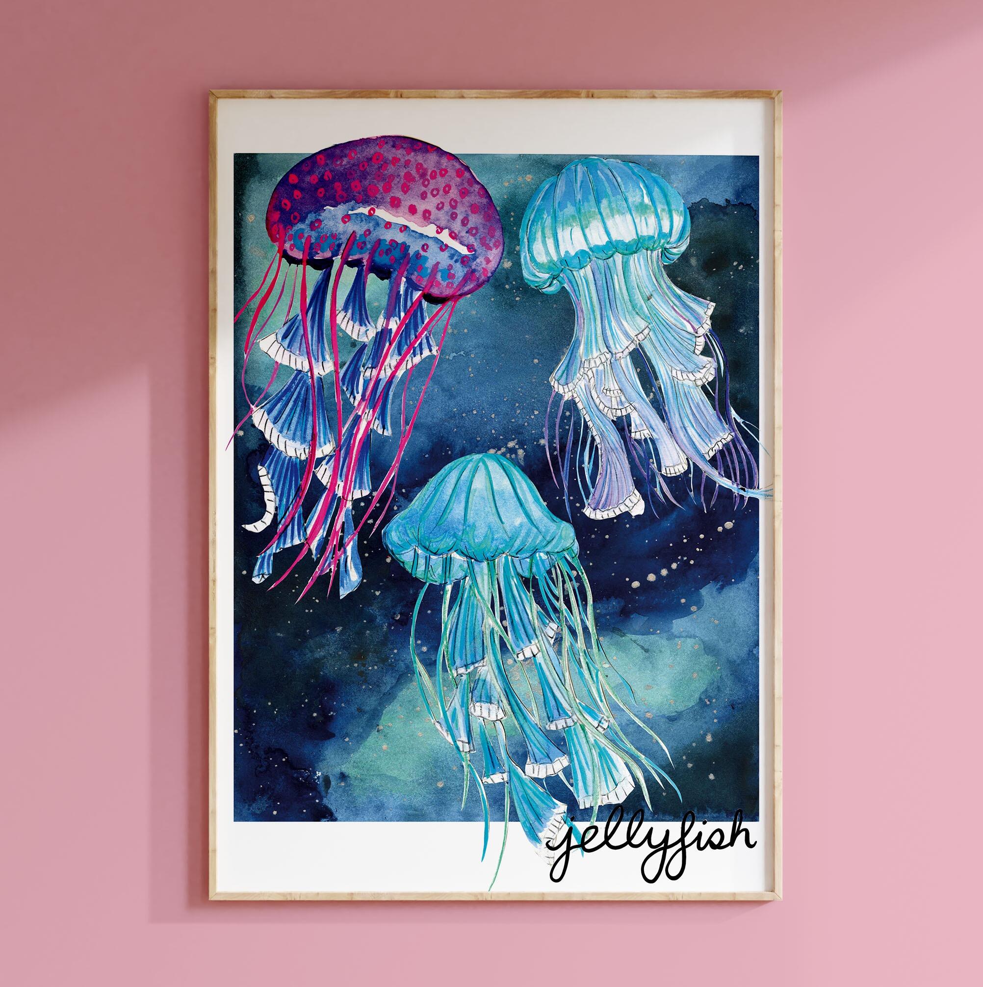 Jellyfish gouache and watercolour print with soft ocean tones, marine life wall art by Miss Bespoke Papercuts