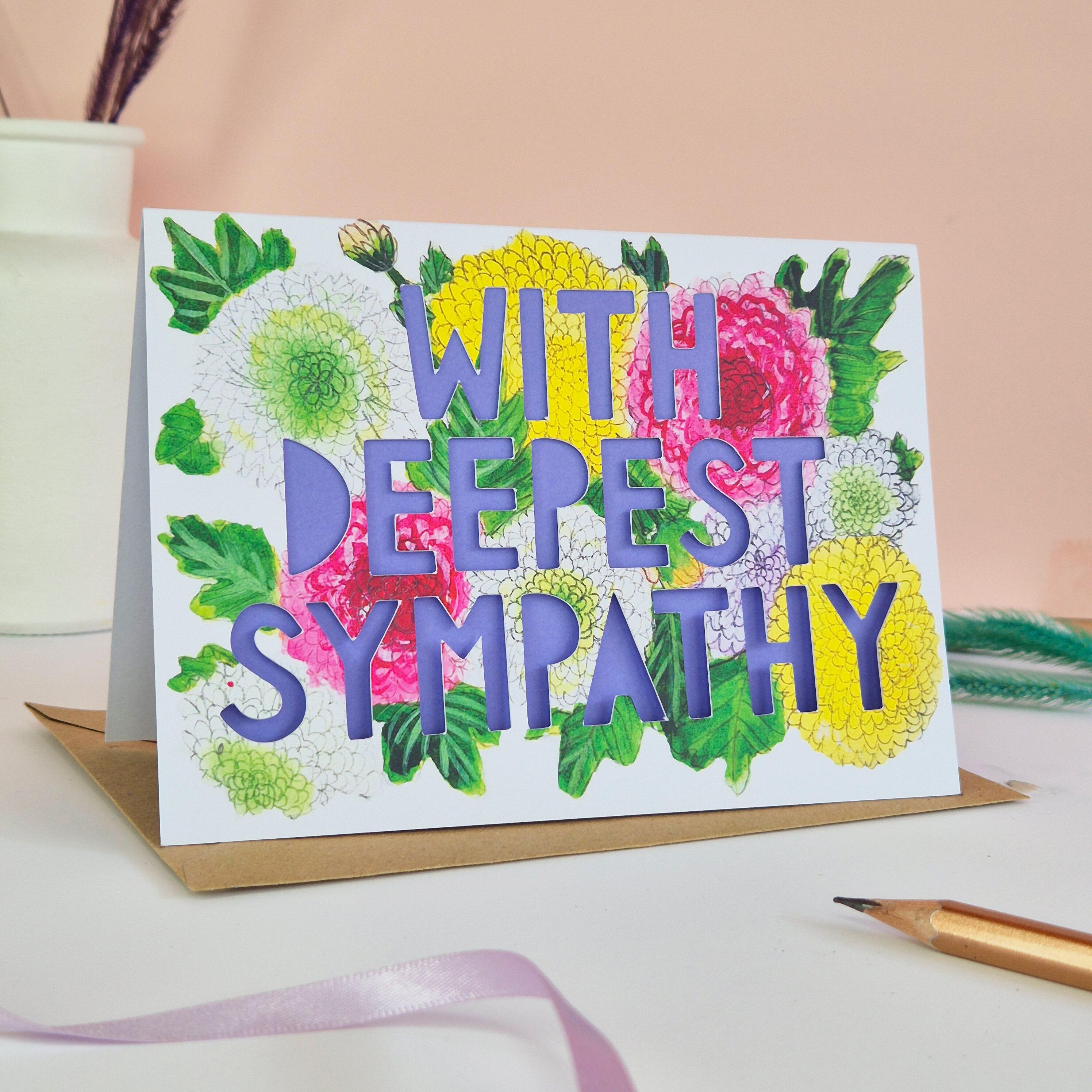 Carnation illustration card with With Deepest Sympathy die cut text and purple liner