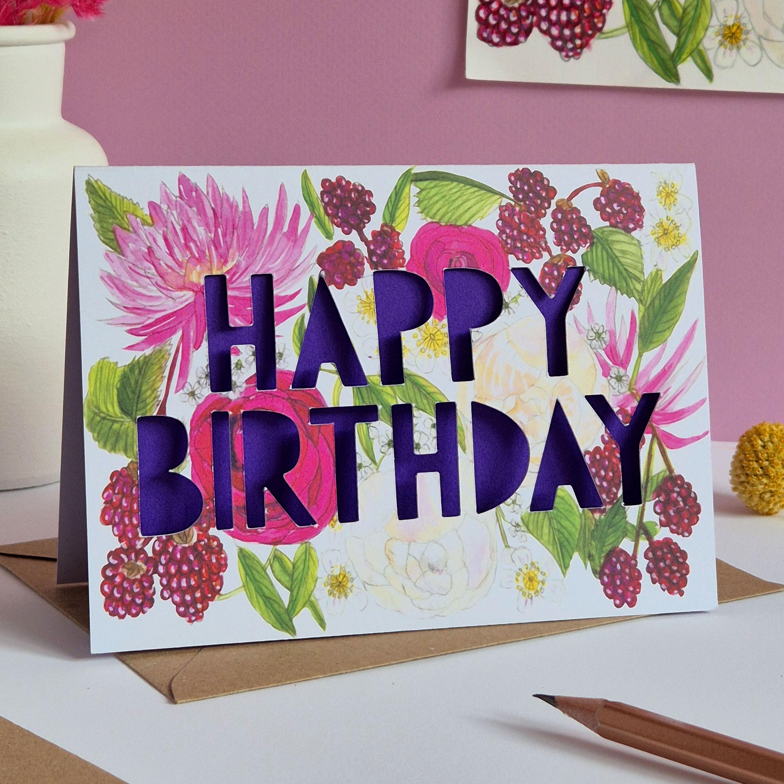 Raspberry floral Birthday card with purple paper cut text