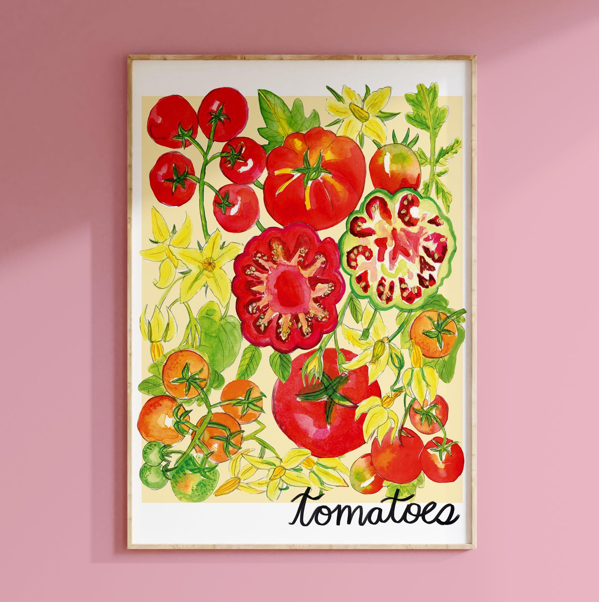 Playful tomato gouache and watercolour art print for kitchen wall decor