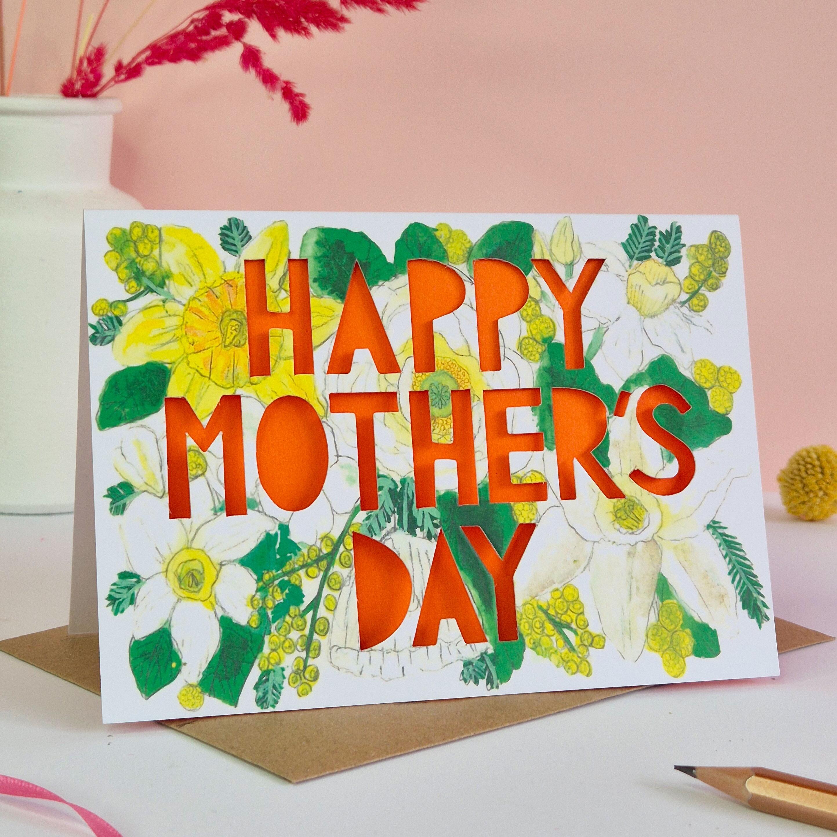 Happy Mothers day card with orange paper cut letters
