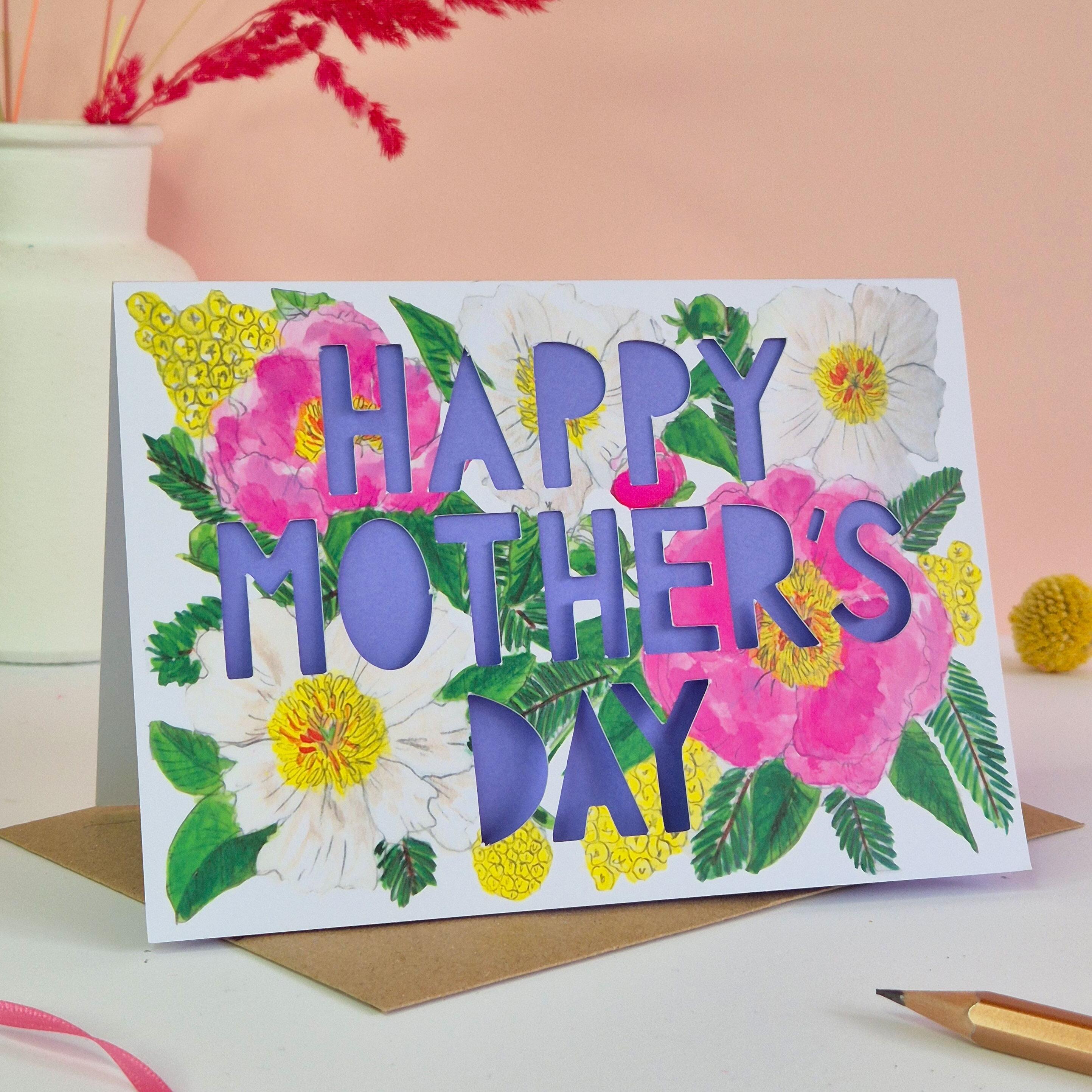 Happy Mother's Day peony card with dark lilac paper cut text