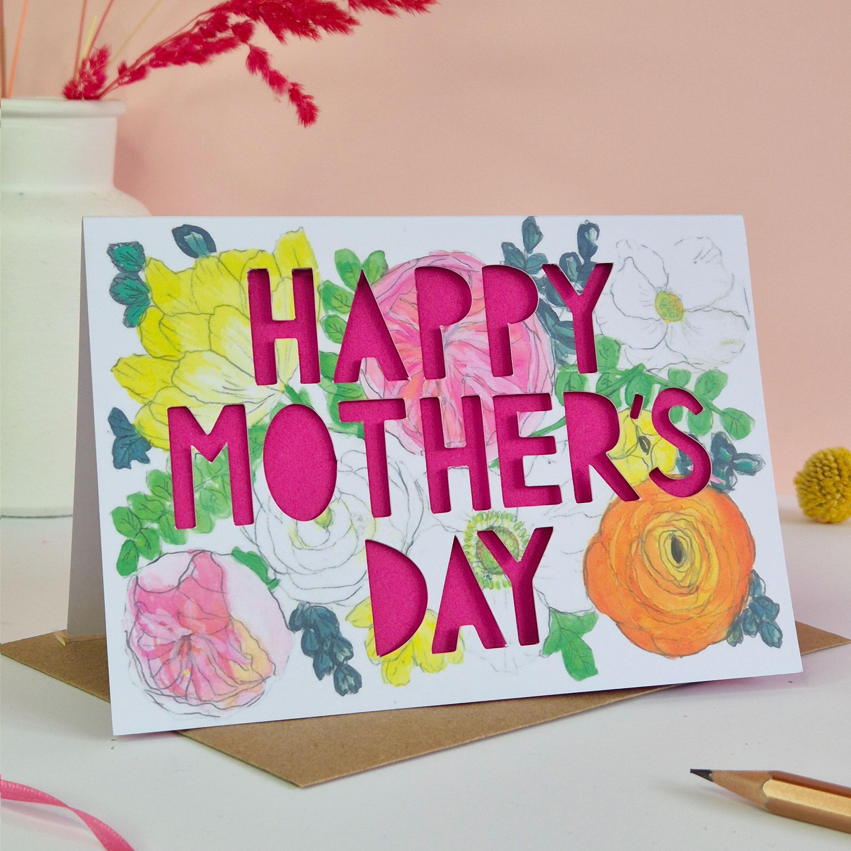 Happy Mother's Day in spring design with pink paper cut text