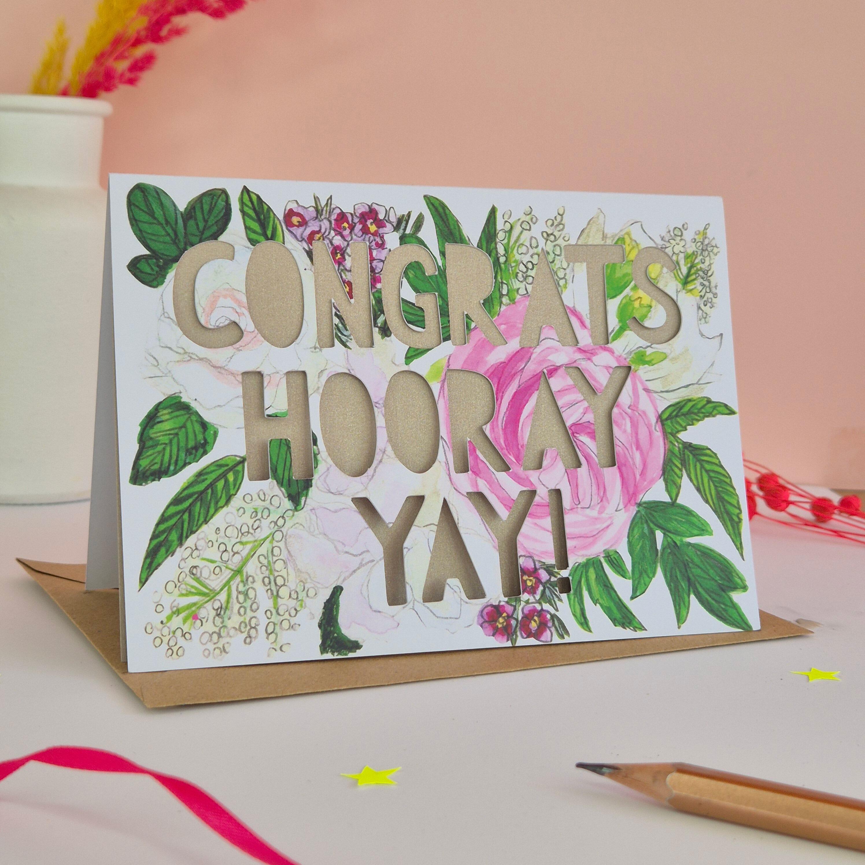 Congratulations card with 'congrats, hooray, yay!' paper cut text and shimmering pearl liner