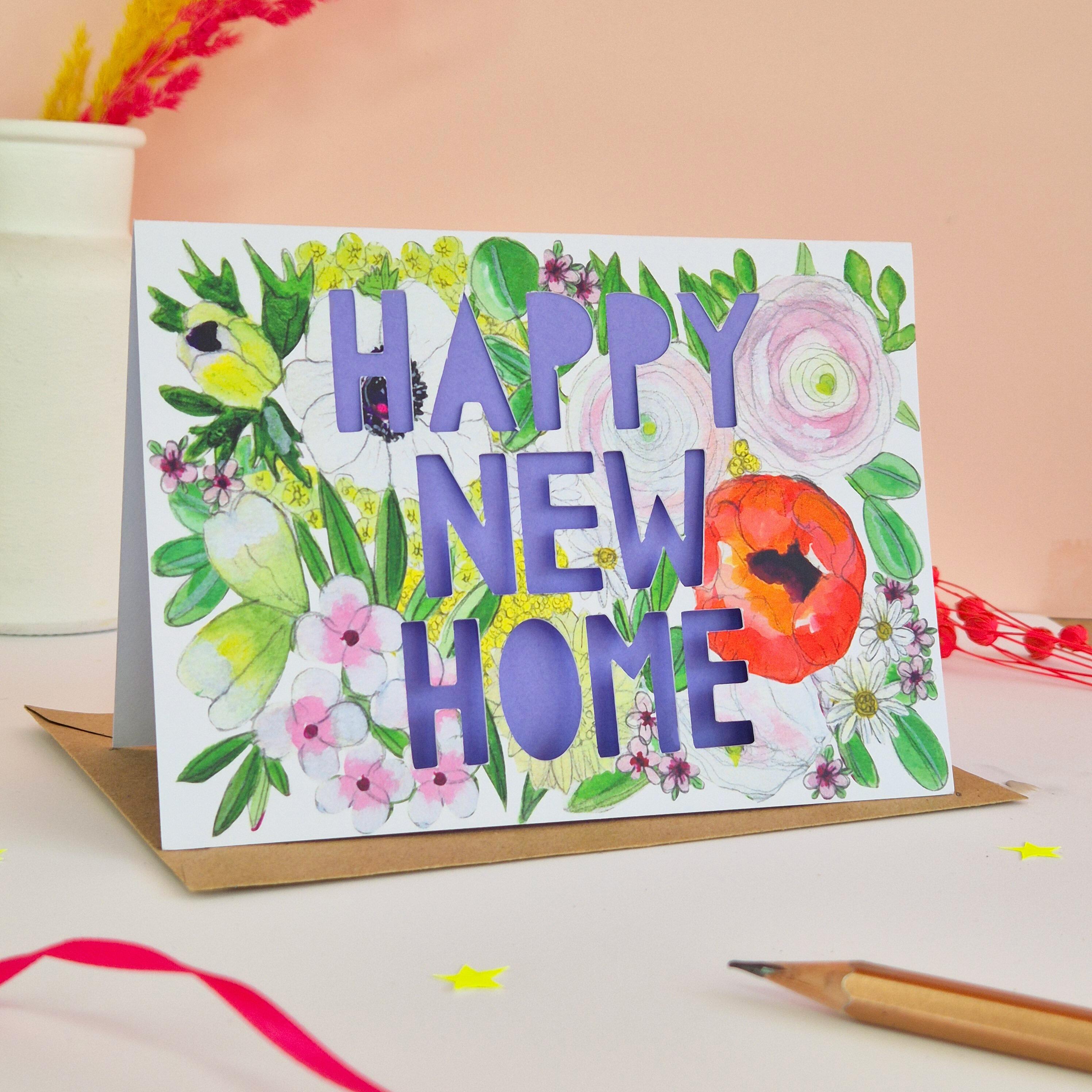 Pretty illustration New Home card with Happy new home paper cut text and bright purple liner