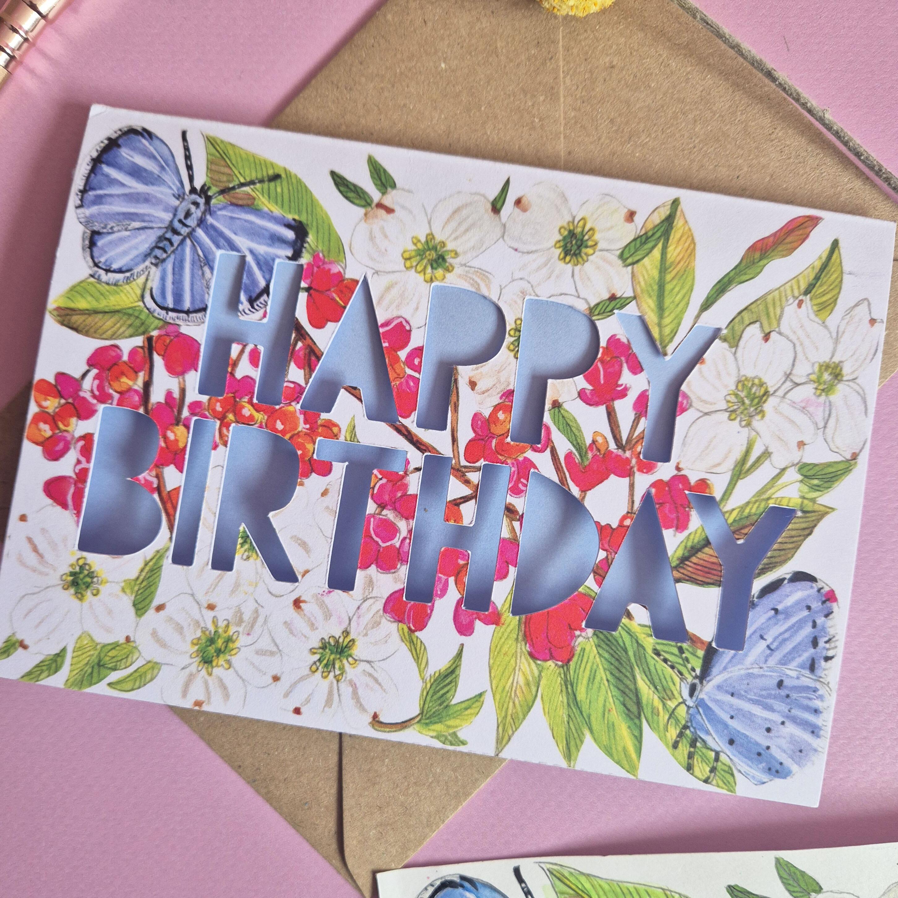 Blue Butterfly Butterfly Card with close up of floral illustrations