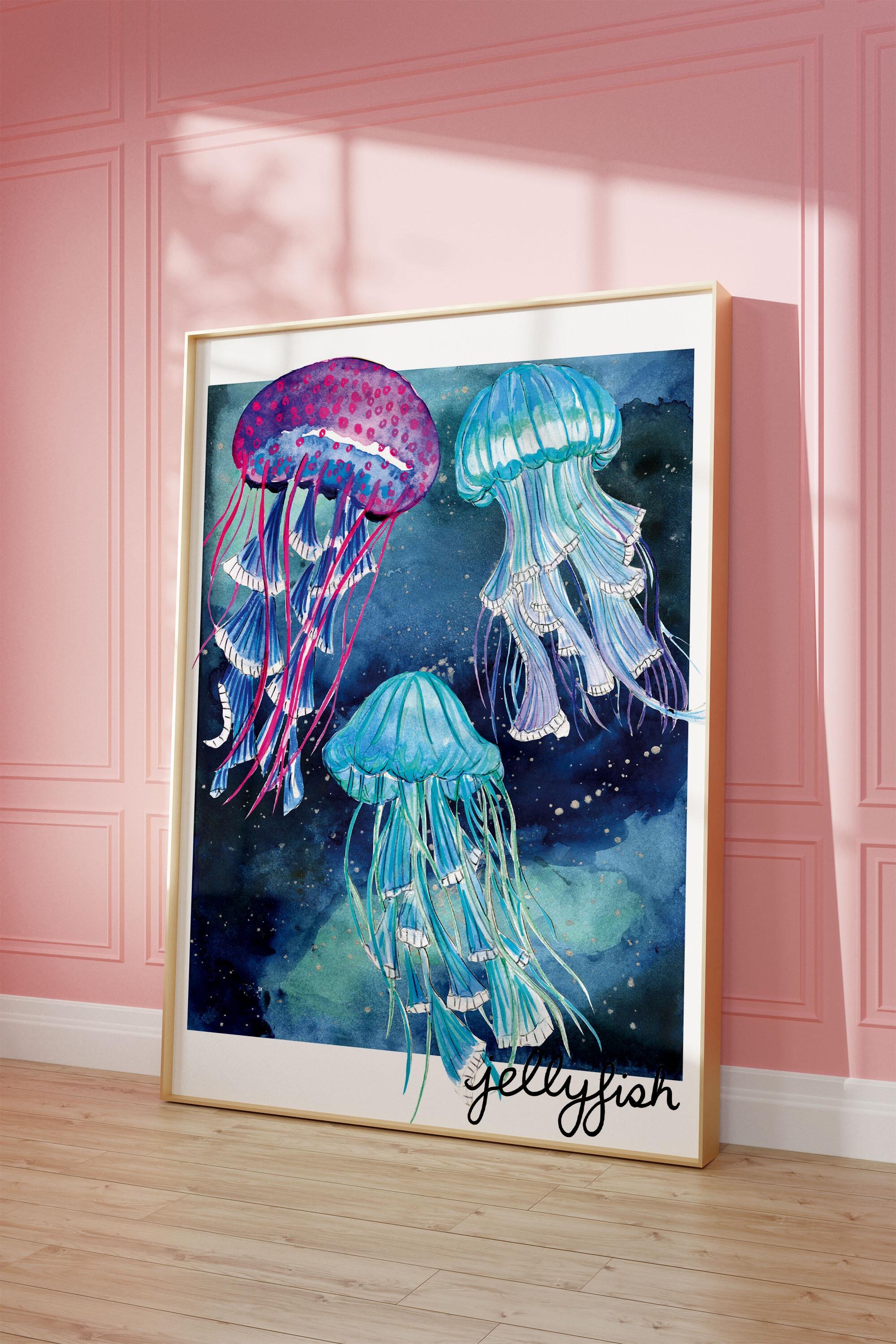Jellyfish gouache and watercolour print with soft ocean tones, marine life wall art by Miss Bespoke Papercuts