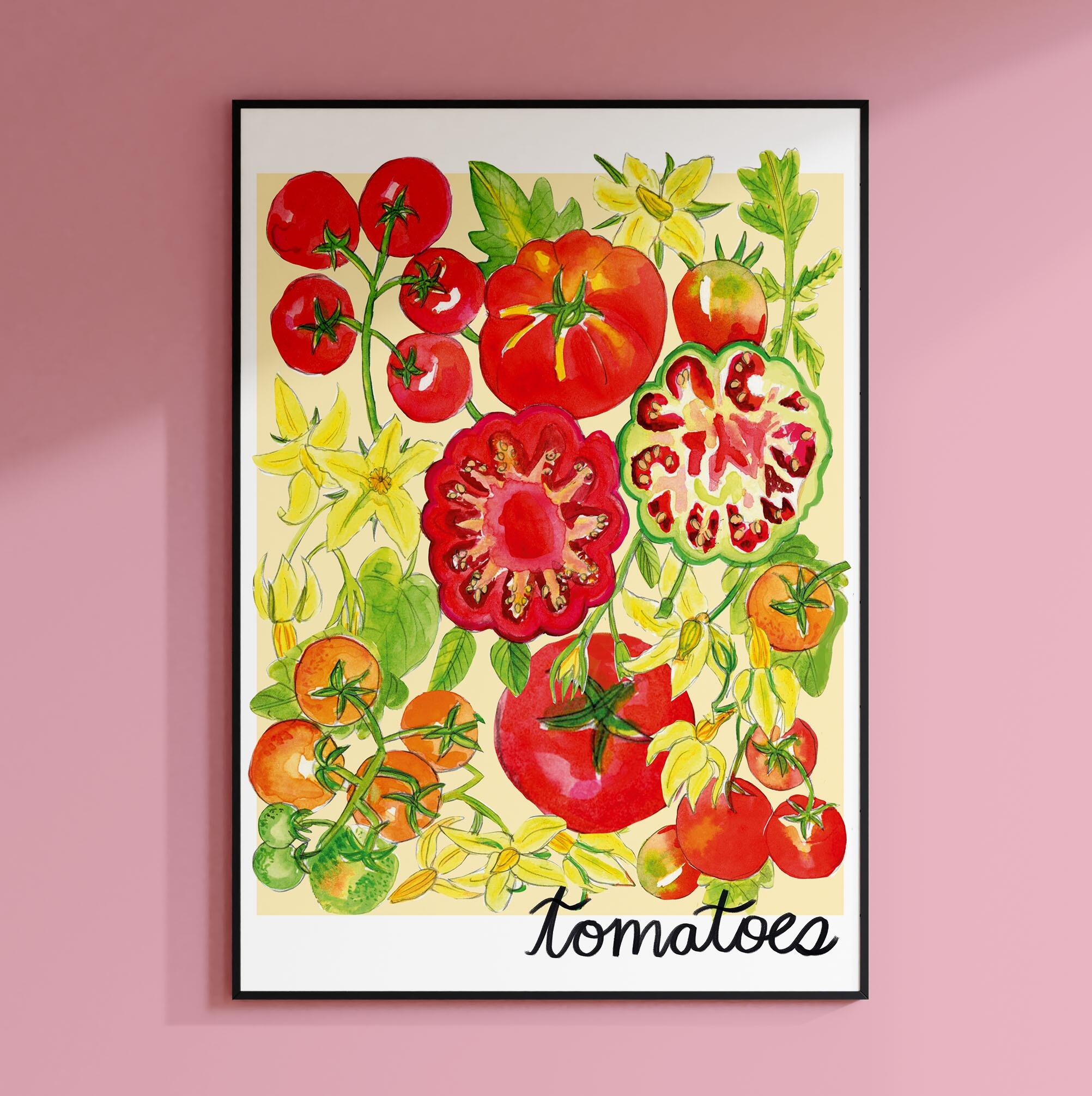 Playful tomato gouache and watercolour art print for kitchen wall decor