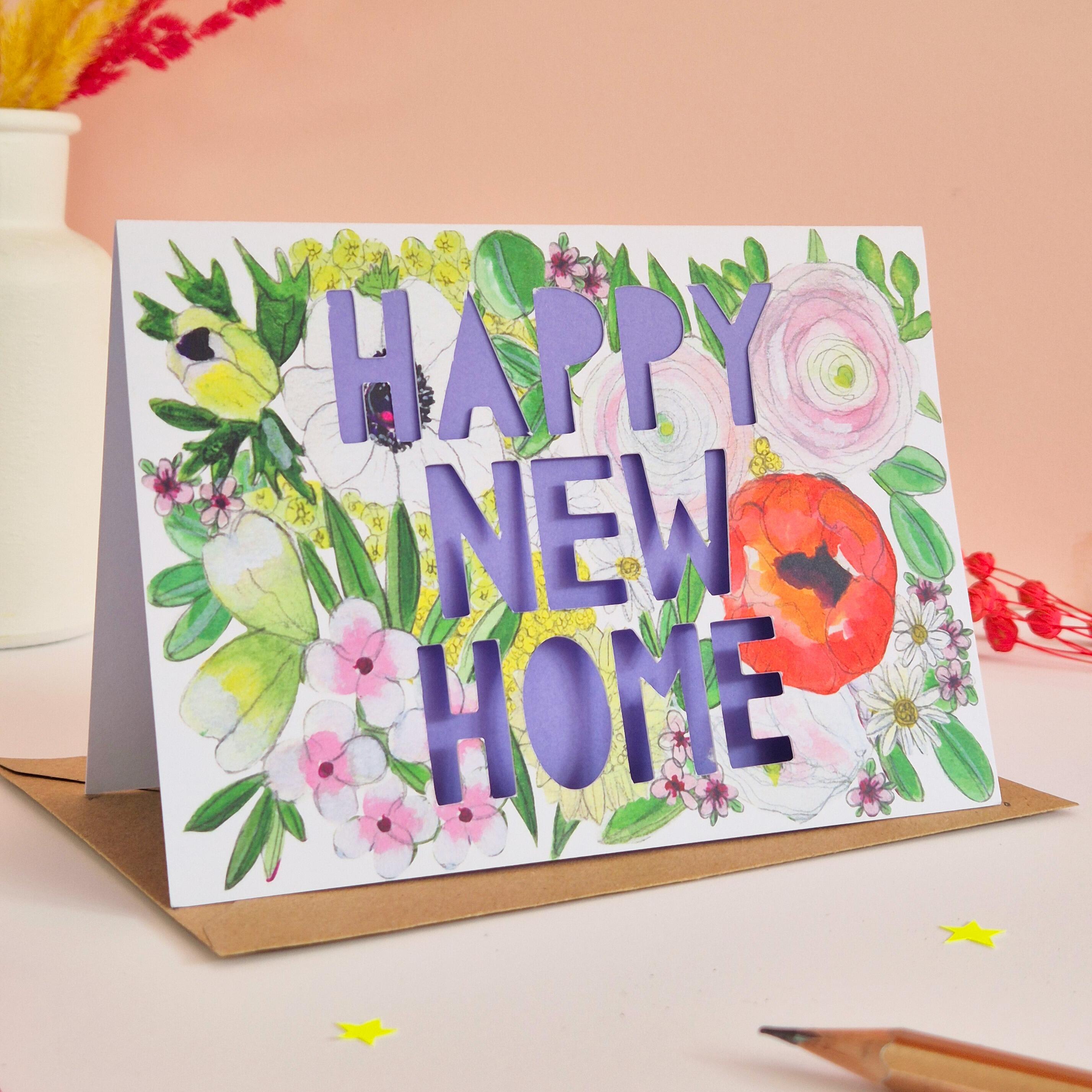 Pretty illustration New Home card with Happy new home paper cut text and bright purple liner