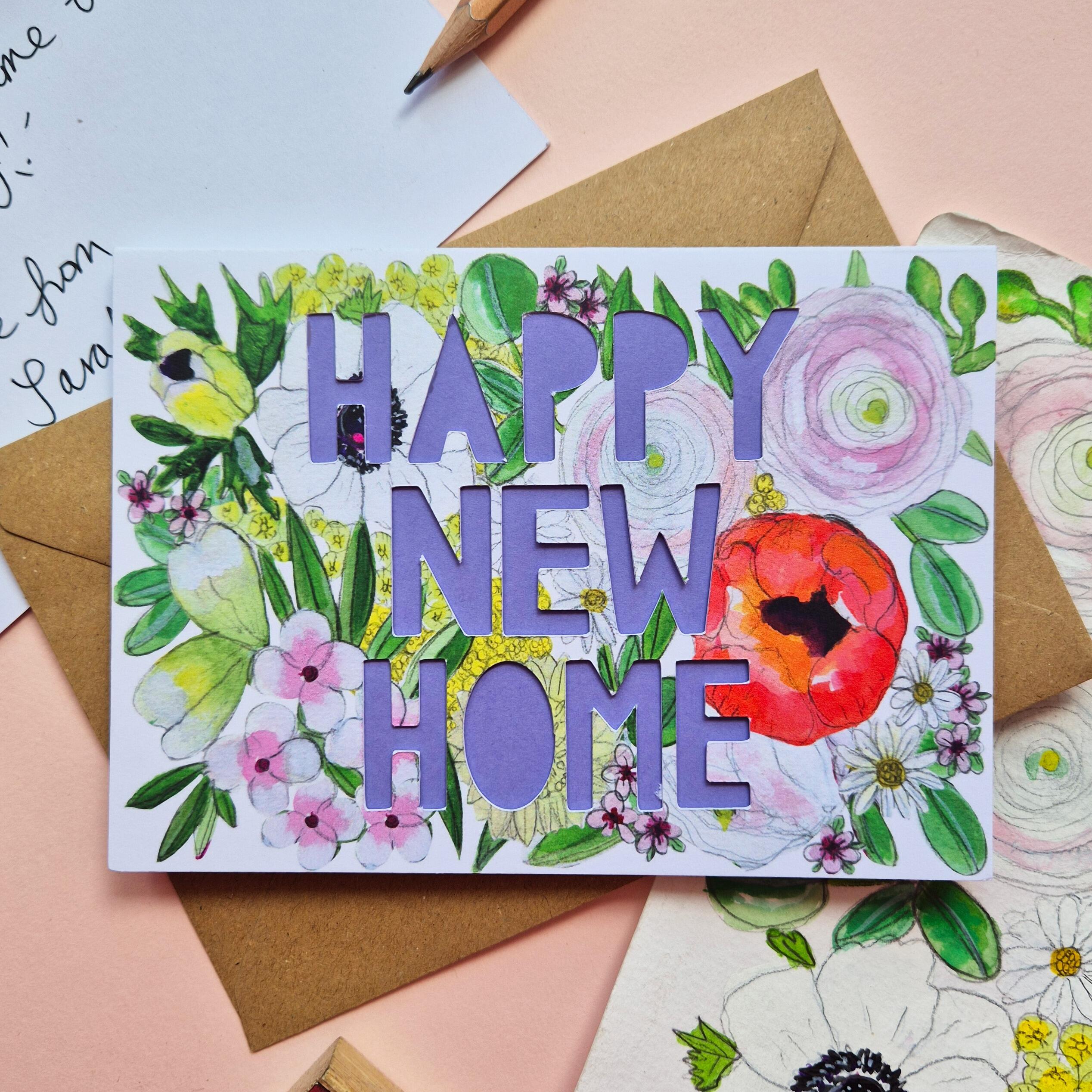 Pretty illustration New Home card with Happy new home paper cut text and bright purple liner