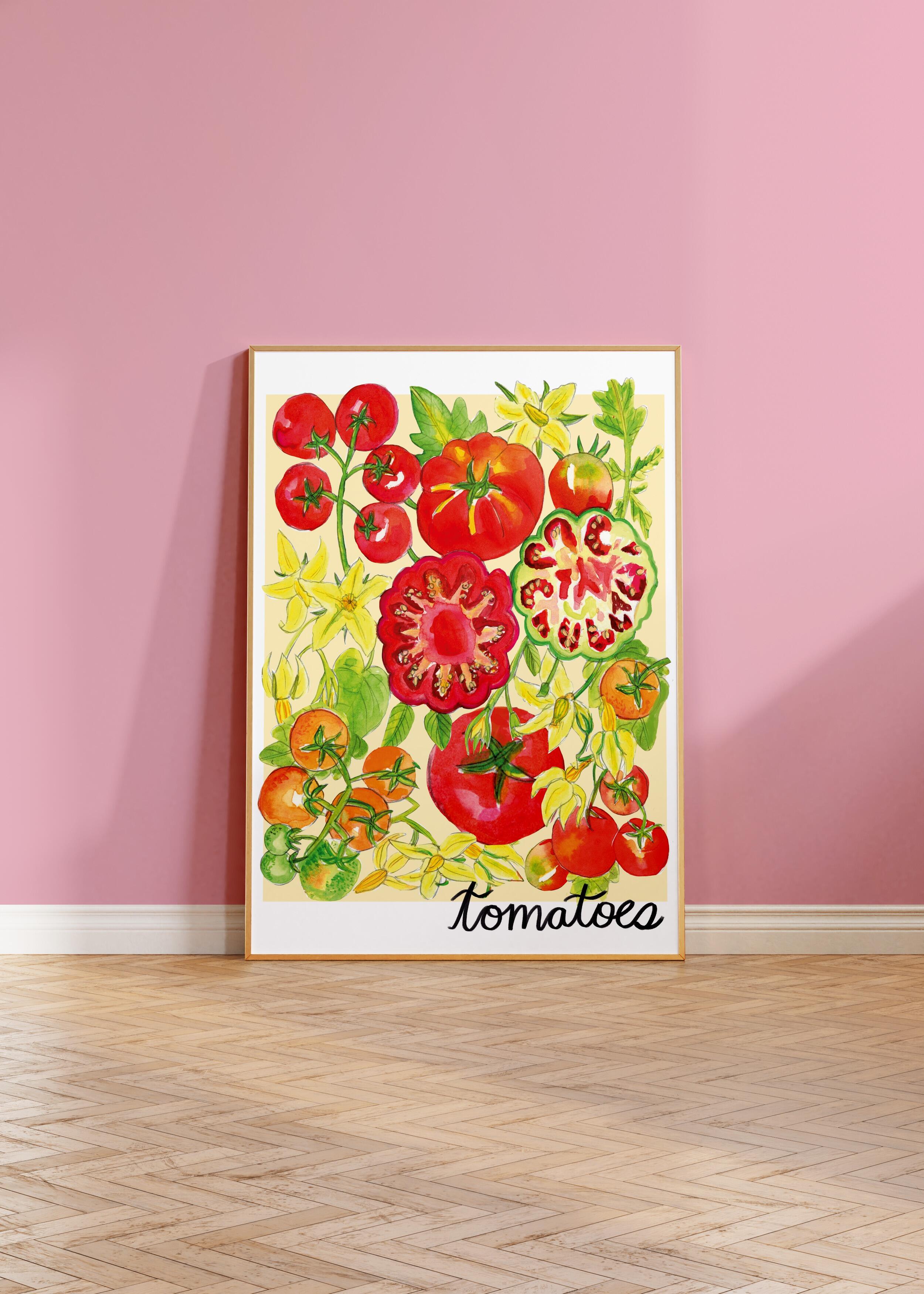 Playful tomato gouache and watercolour art print for kitchen wall decor
