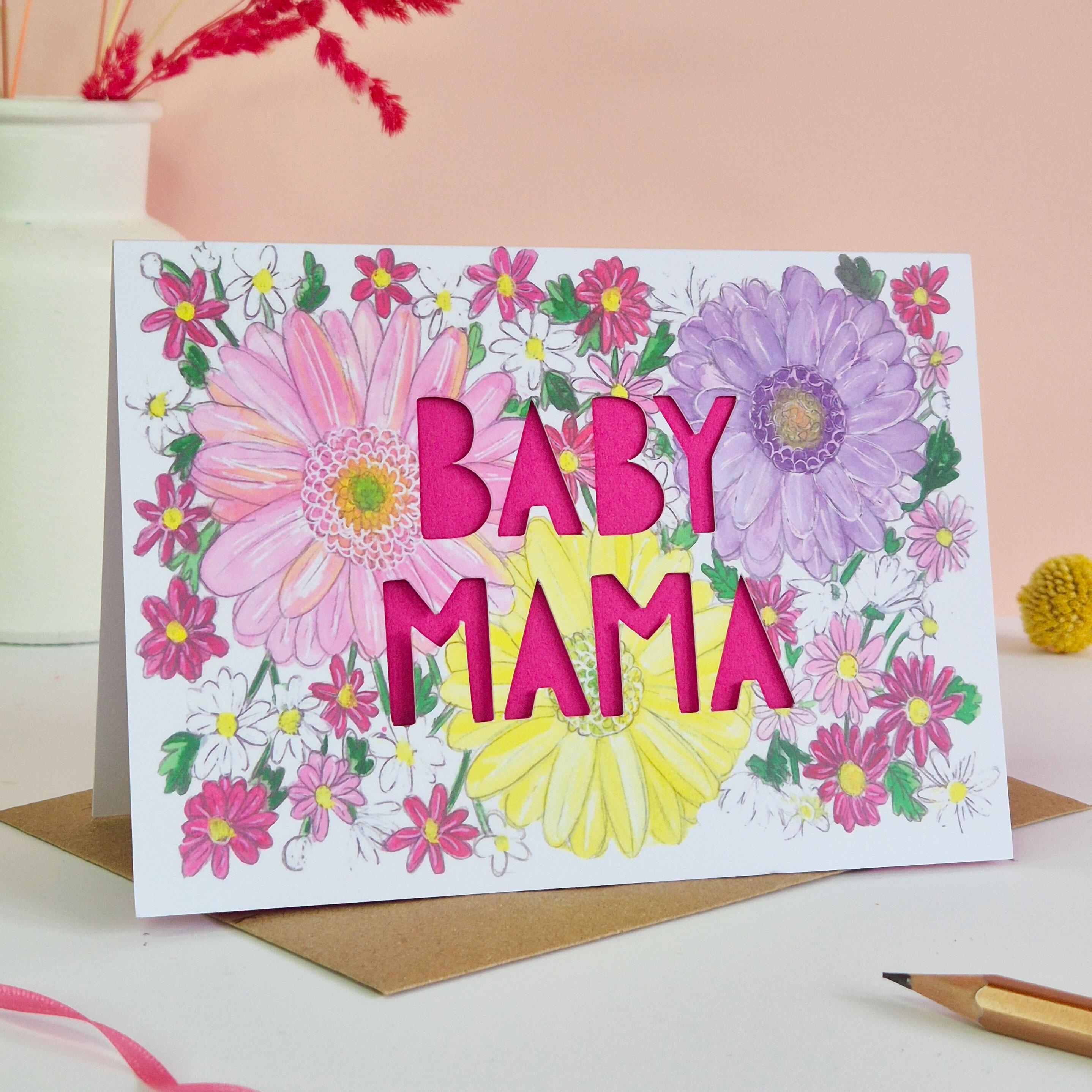 Baby Mama card with pink paper cut letters
