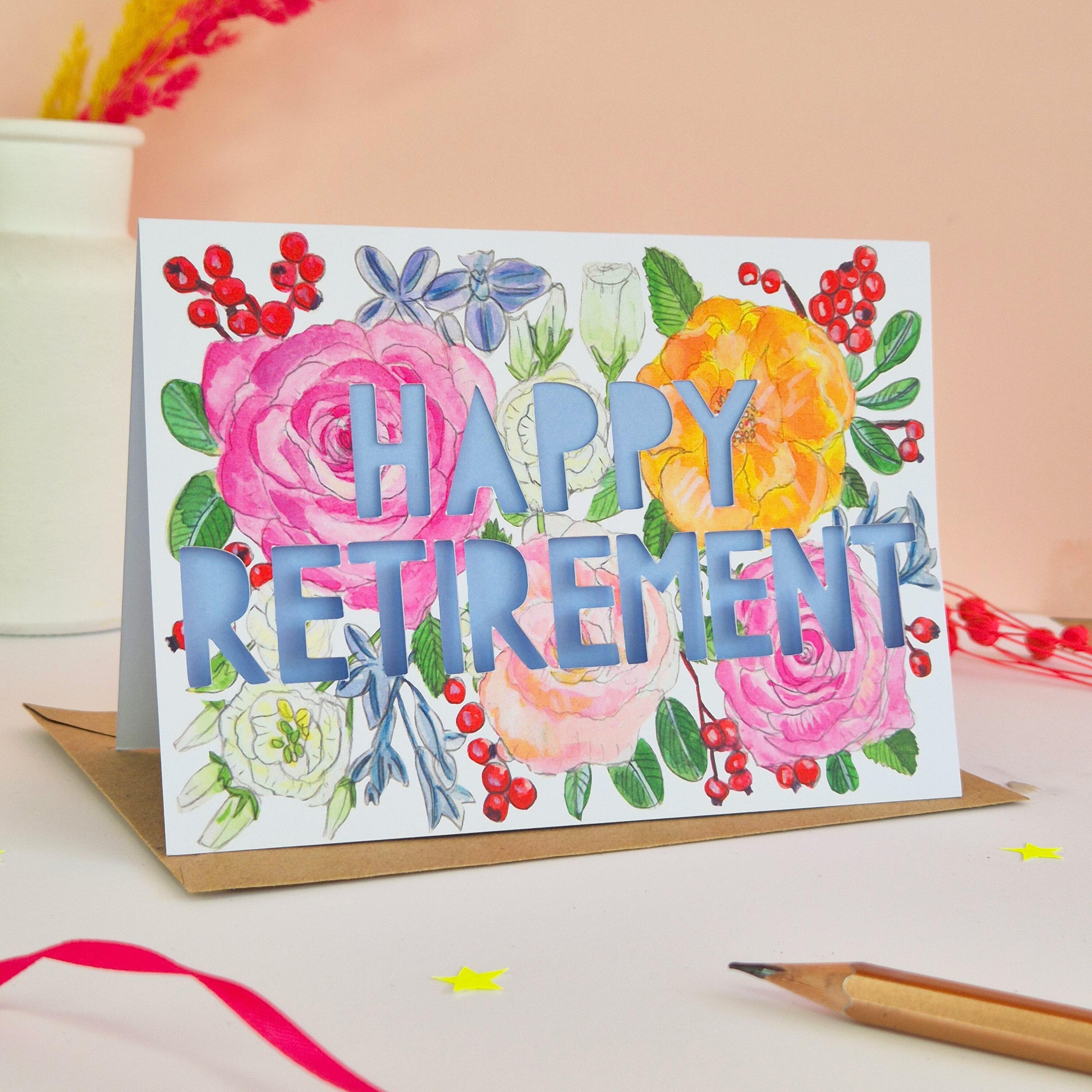 Floral Illustration paper cut card with Happy Retirement text and lavender backing paper