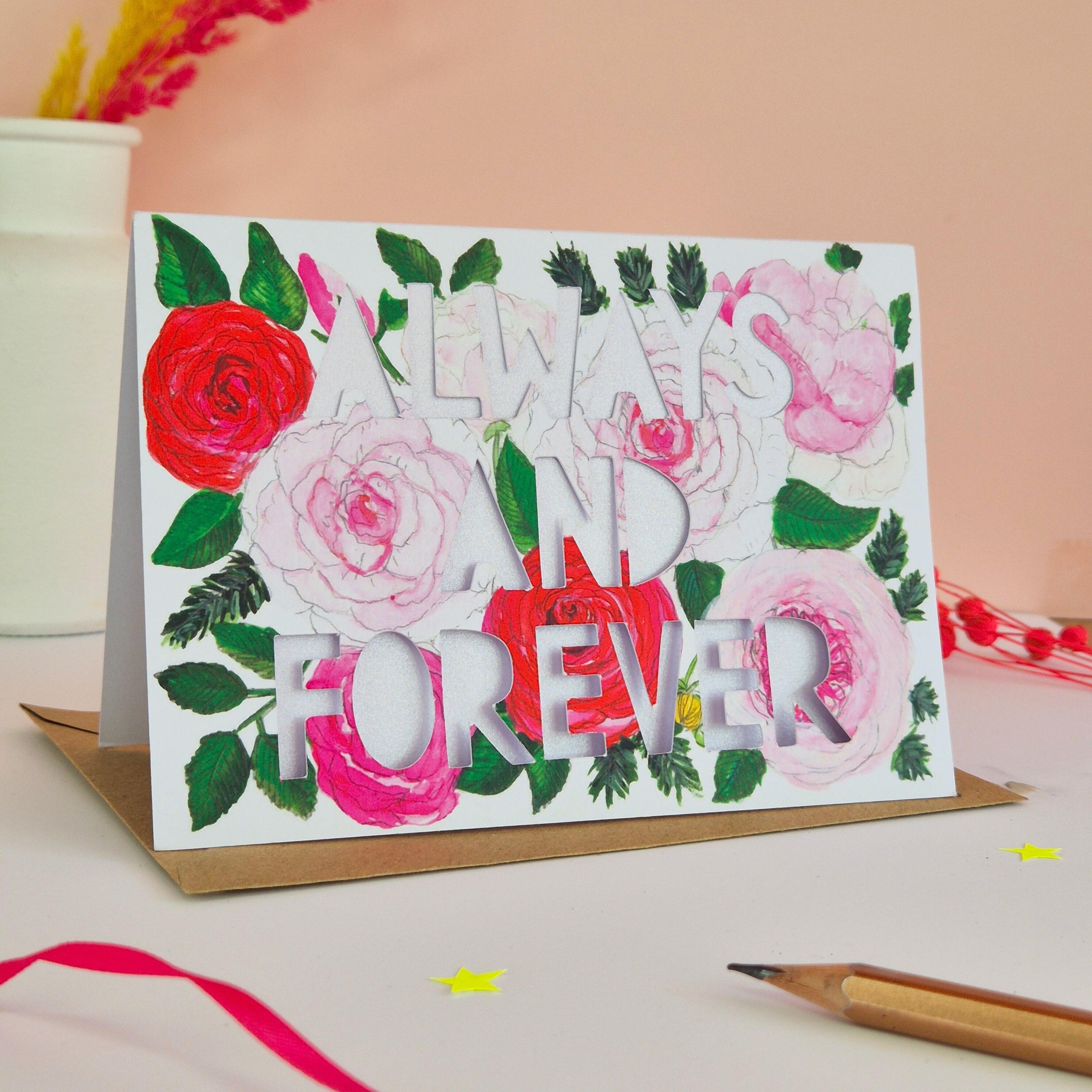 Always and Forever paper cut card with lilac shimmering liner