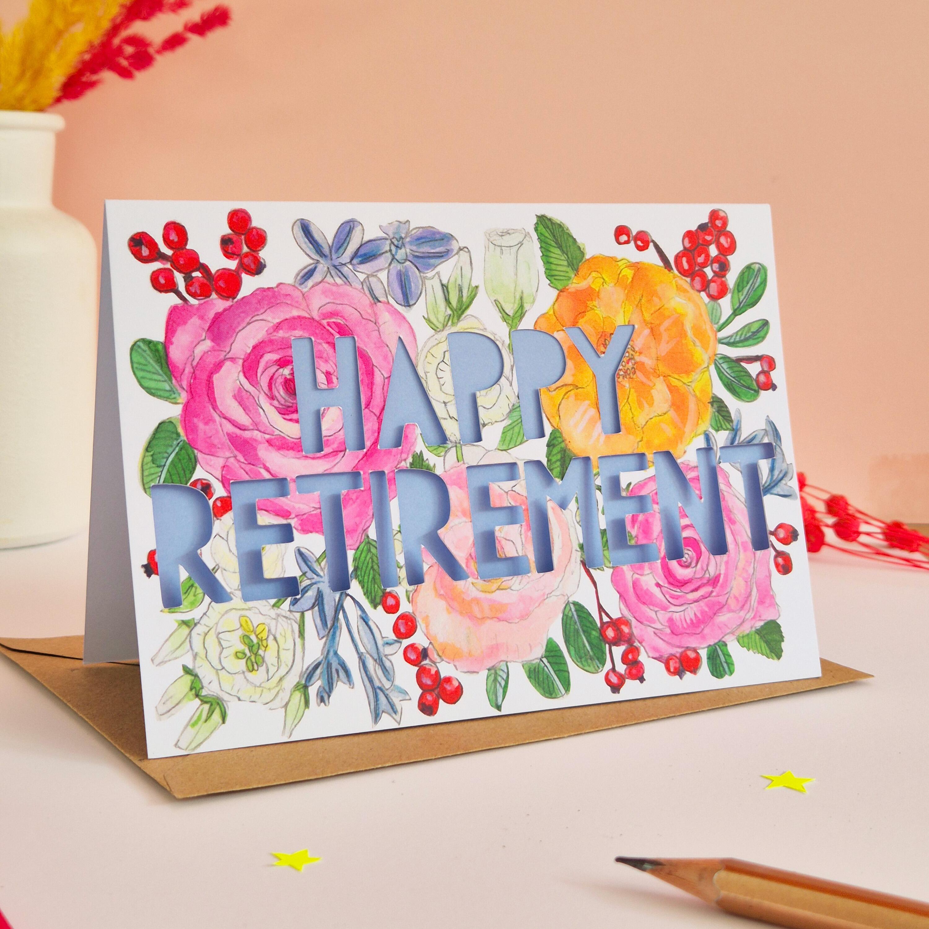 Floral Illustration paper cut card with Happy Retirement text and lavender backing paper