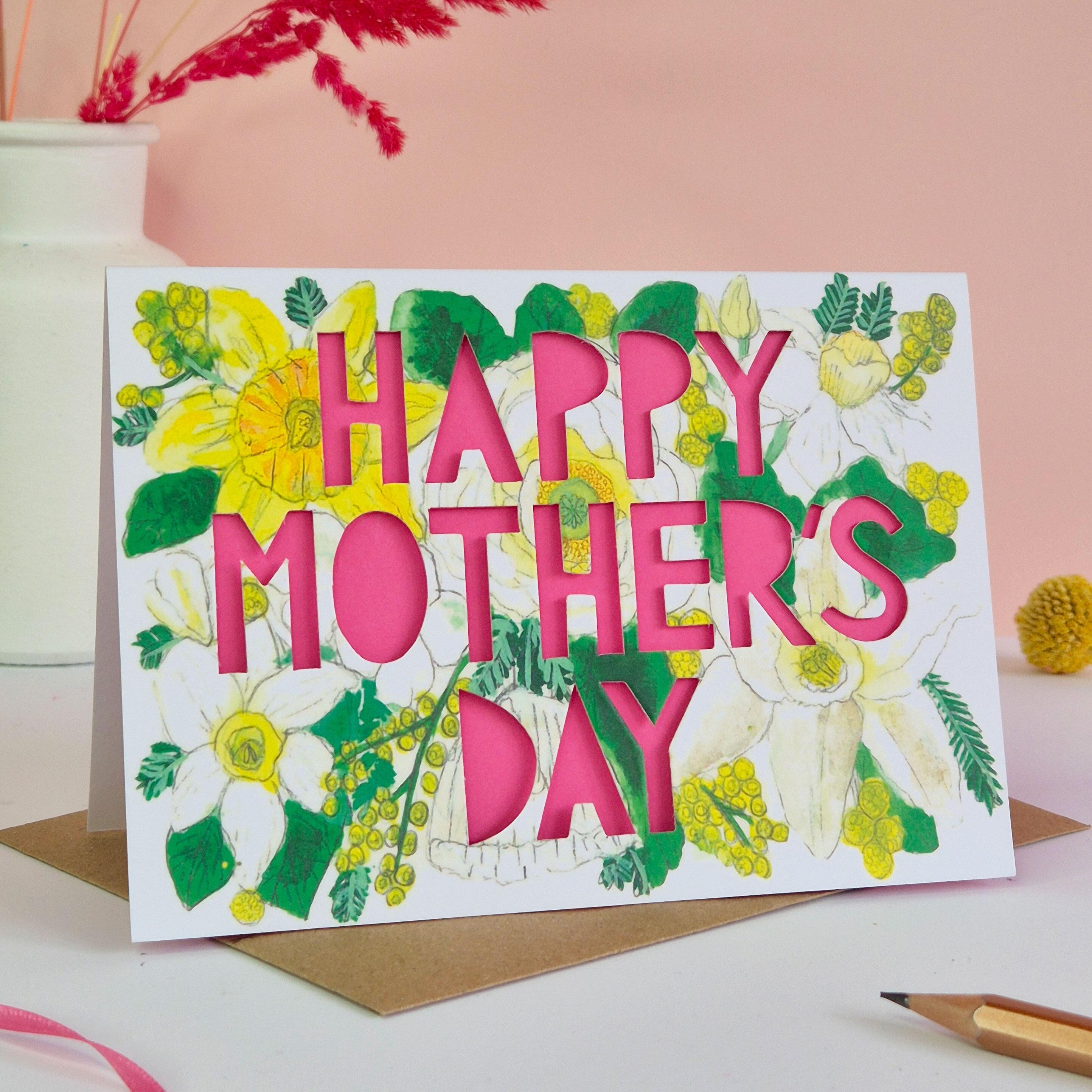 Happy Mothers day card with pink paper cut letters