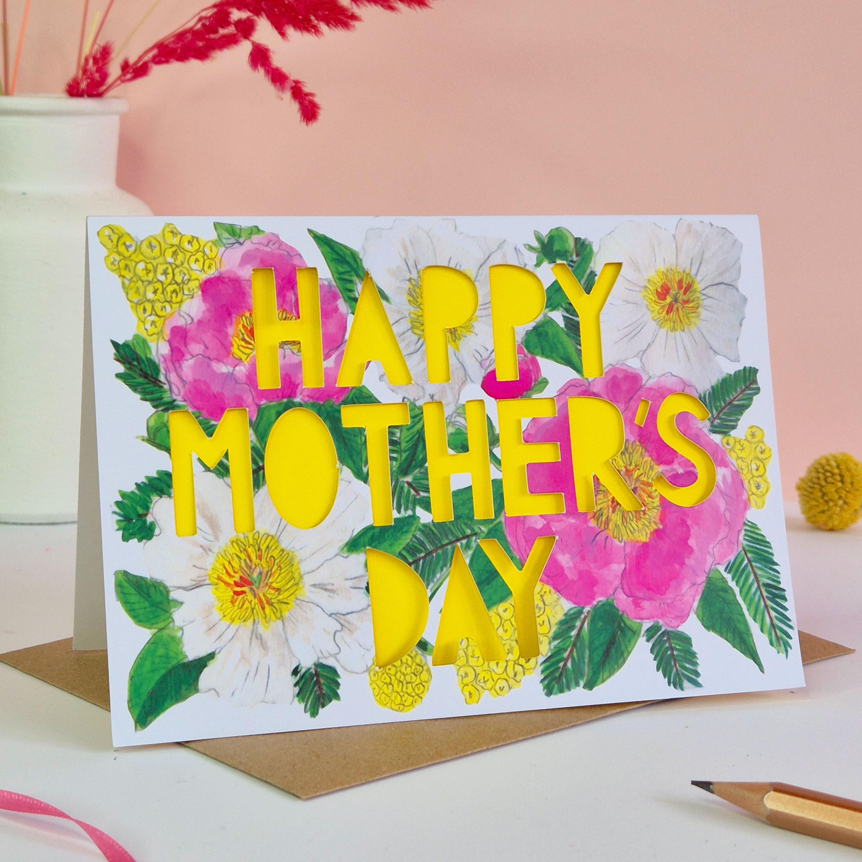 Happy Mother's Day peony card with yellow paper cut text
