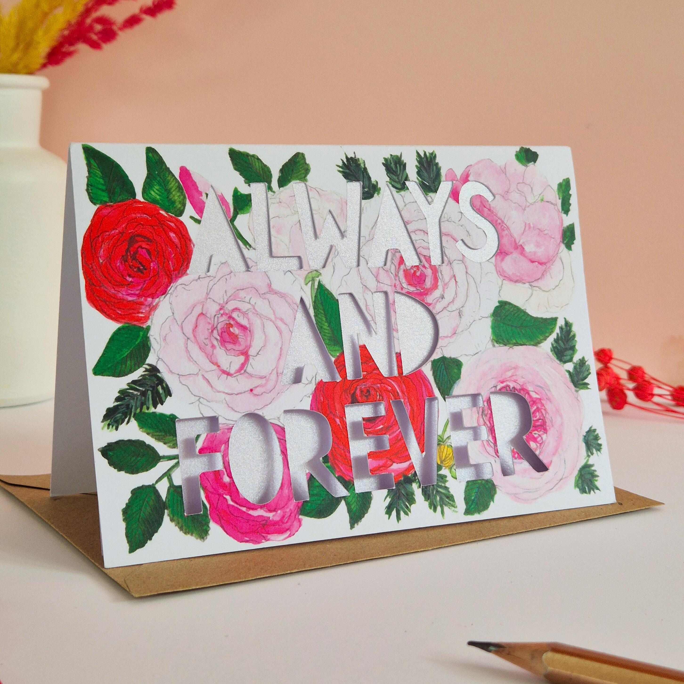 Always and Forever paper cut card with lilac shimmering liner
