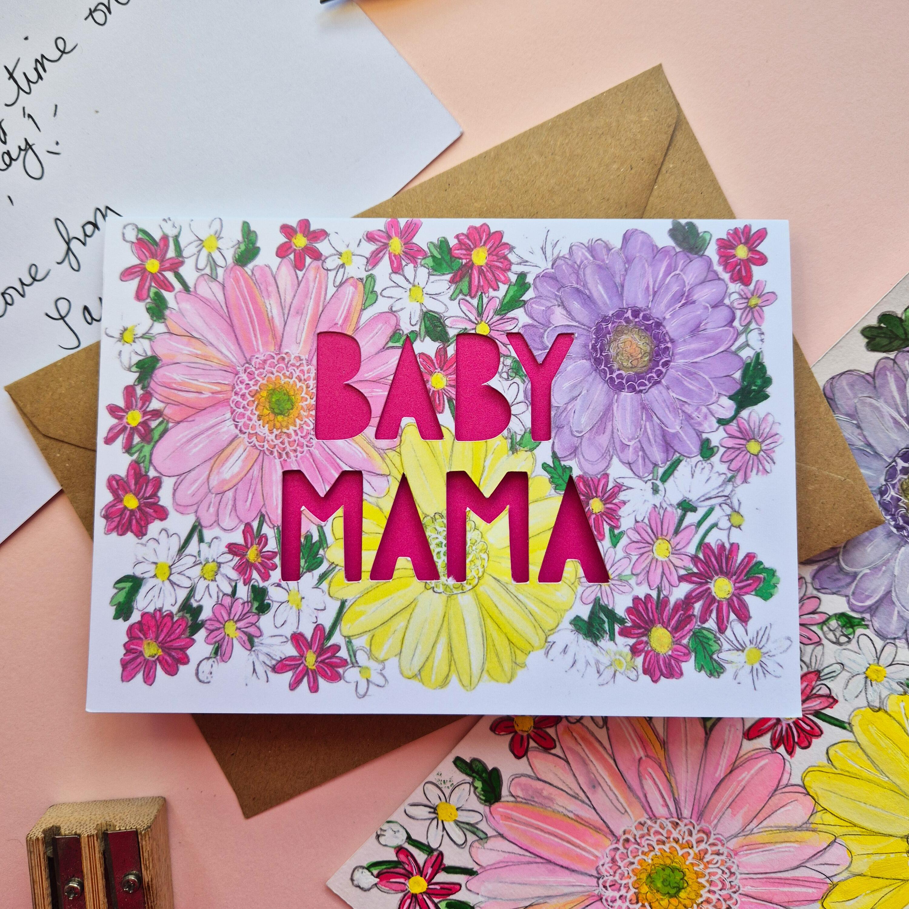 Baby Mama card with pink paper cut letters