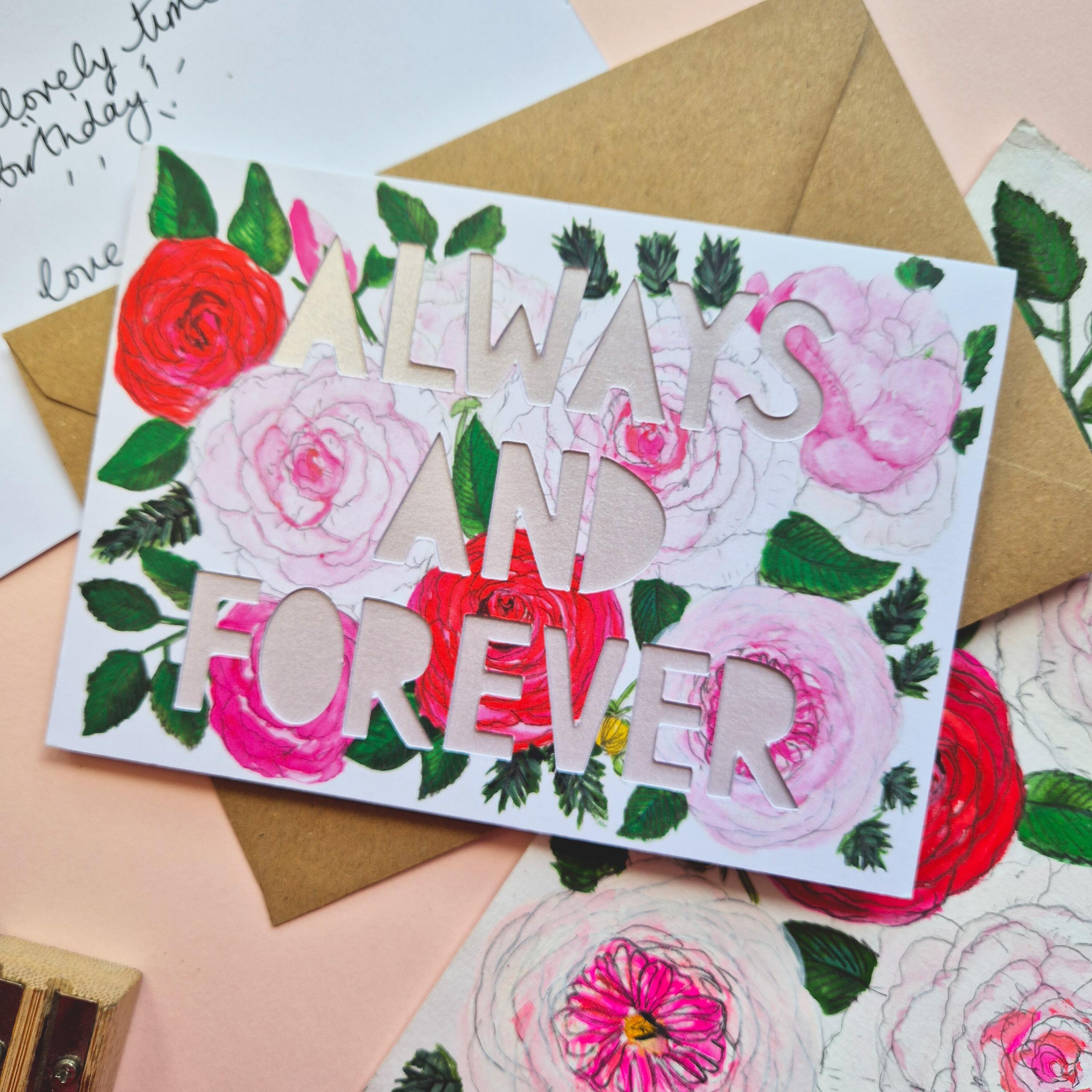 Always and Forever paper cut card with lilac shimmering liner