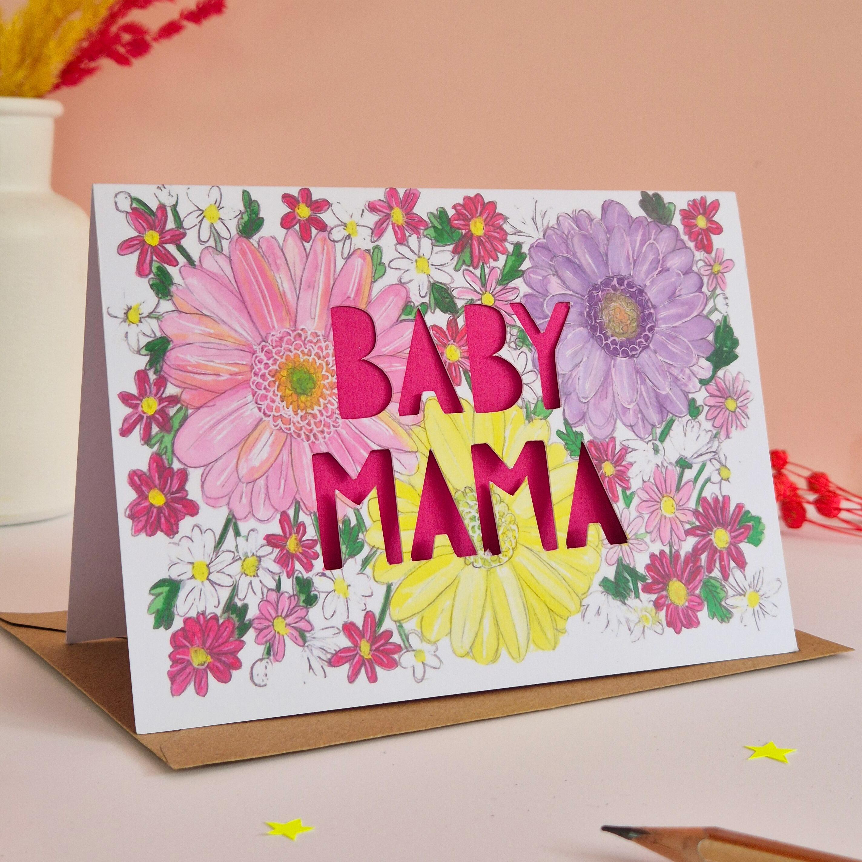 Baby Mama card with pink paper cut letters