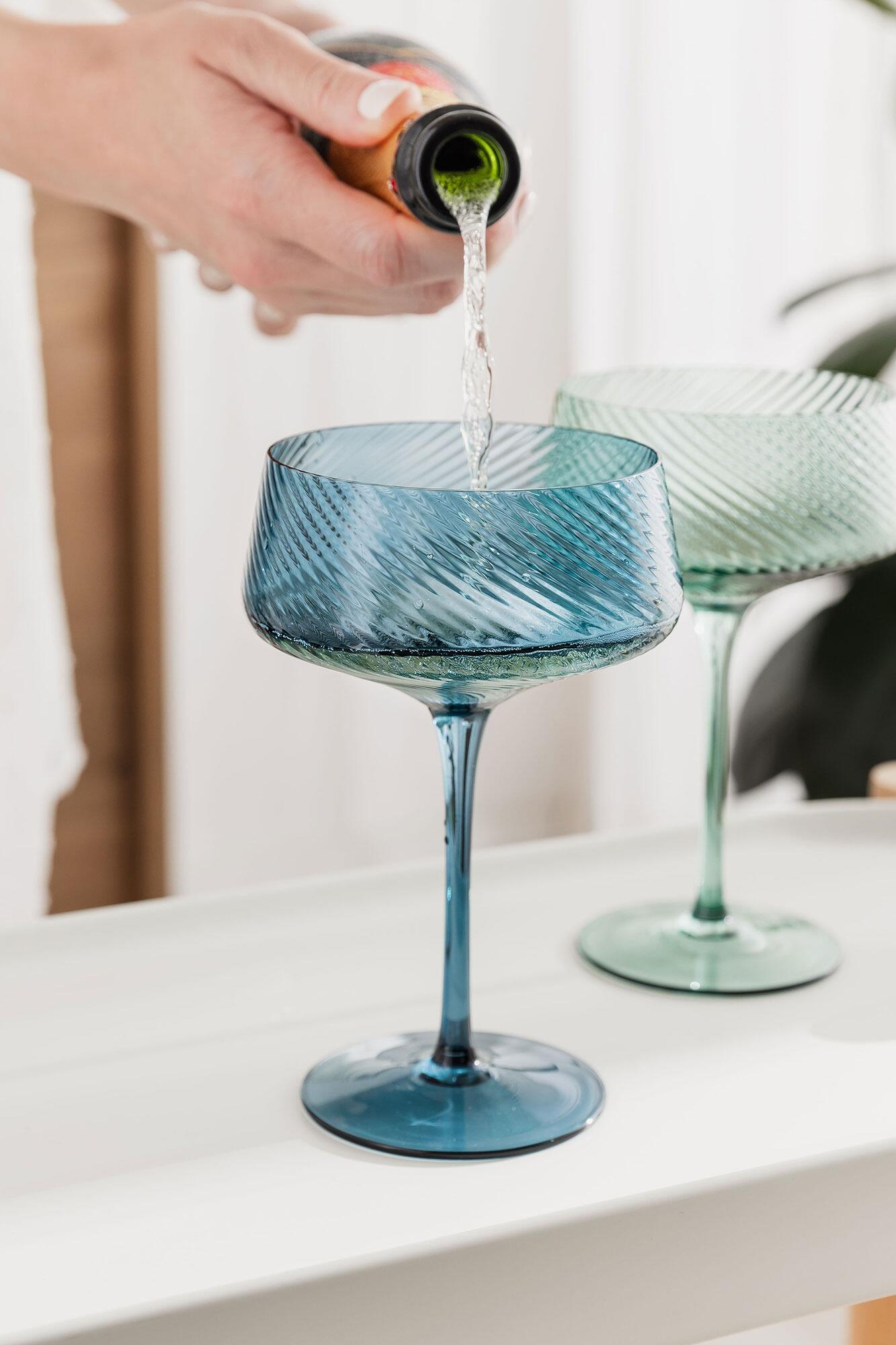 Coloured Glass Twist Champagne Coupes Set Blue Green