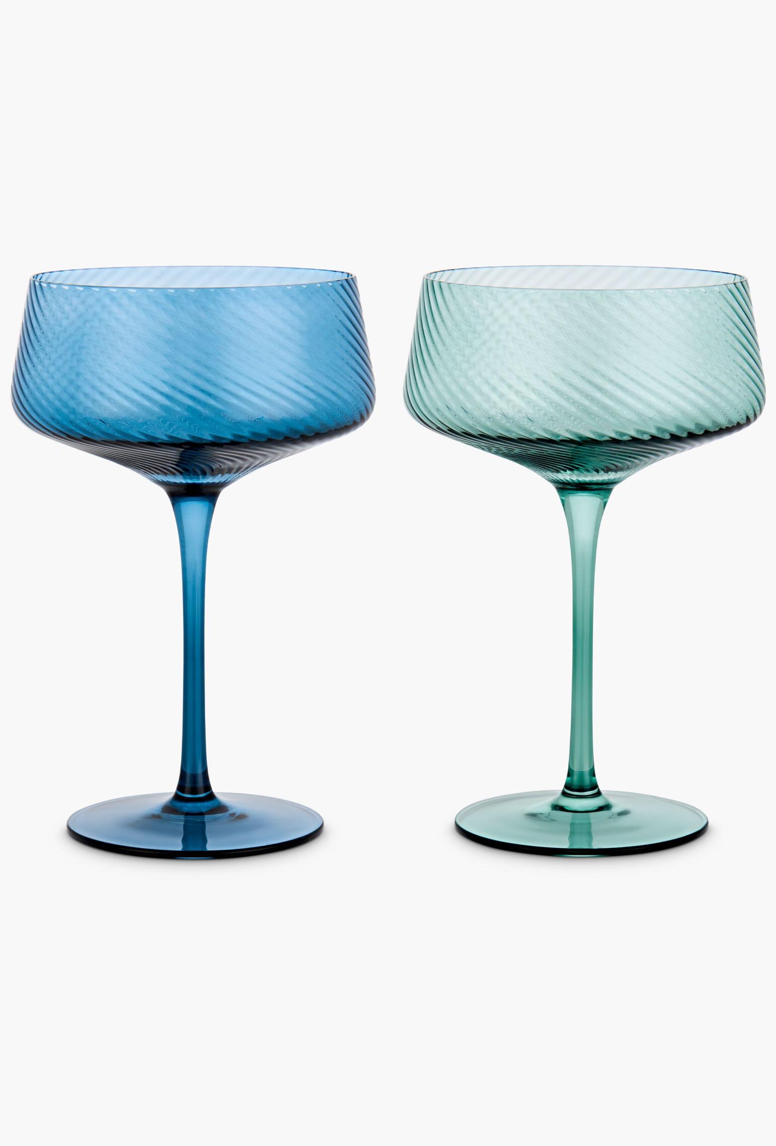 Coloured Glass Twist Champagne Coupes Blue Green