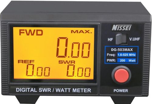 Nissei DG-503 is a maximum SWR and power meter that measures DMR, SSB, and AM.