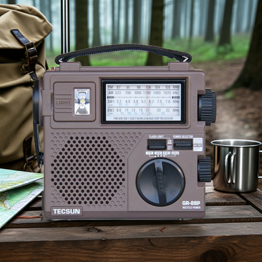 Grey Tecsun GR-88P radio with FM/MW/SW bands beside camping gear and trail map