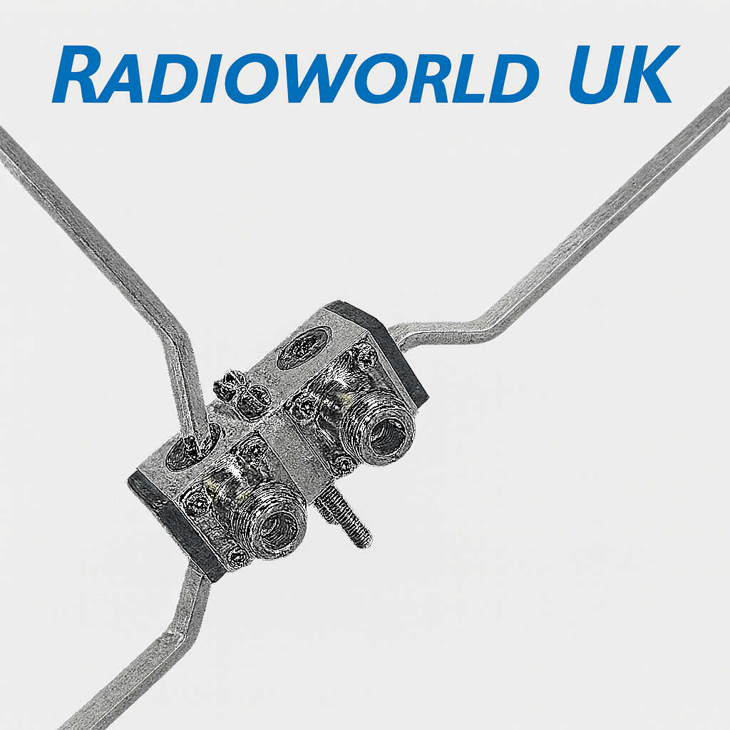 Radioworld UK spare radiator for X-Quad 2m antenna – dual coaxial feed block with bent aluminum loop arms