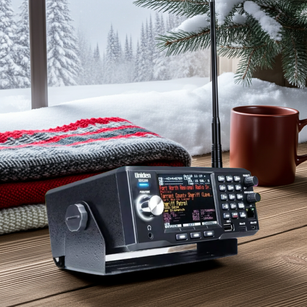 "Uniden SDS200E scanner on wooden desk with scarf and mug, snow-covered branches in background"
