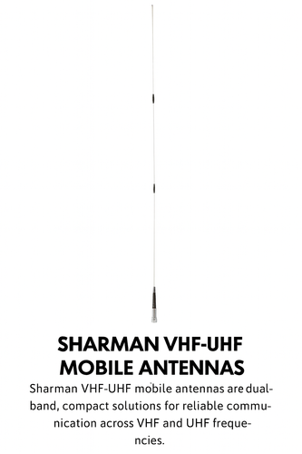 Sharman VHF-UHF mobile antenna with dual-band segmented whip and threaded base.