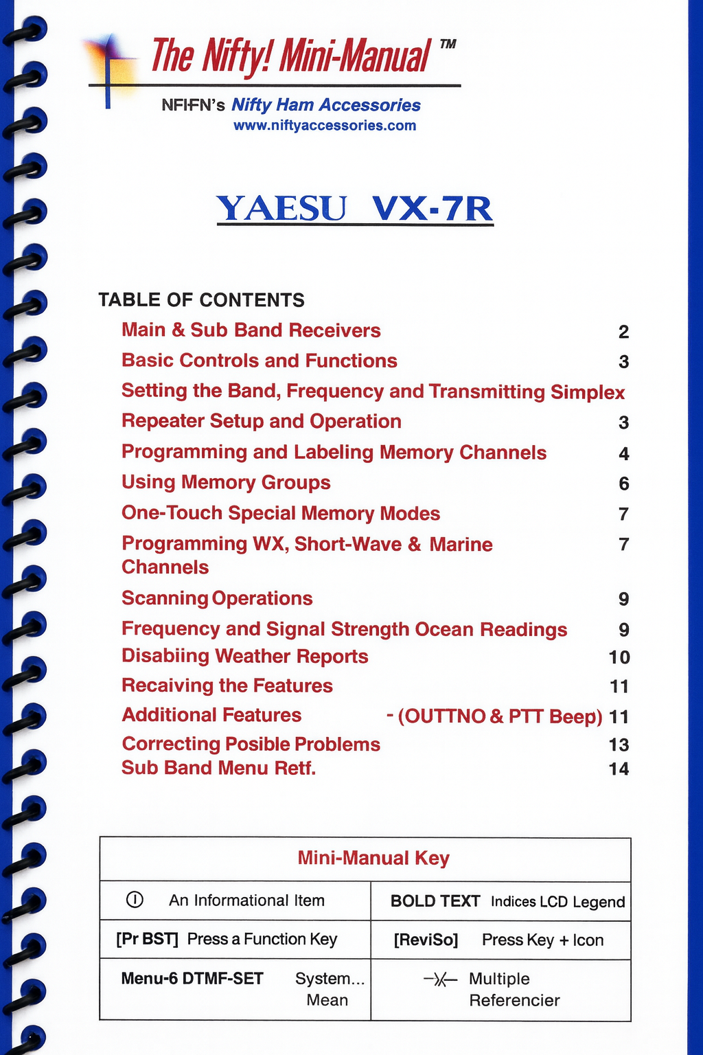 Nifty Mini‑Manual for Yaesu VX‑7R – Spiral-bound laminated guide with table of contents