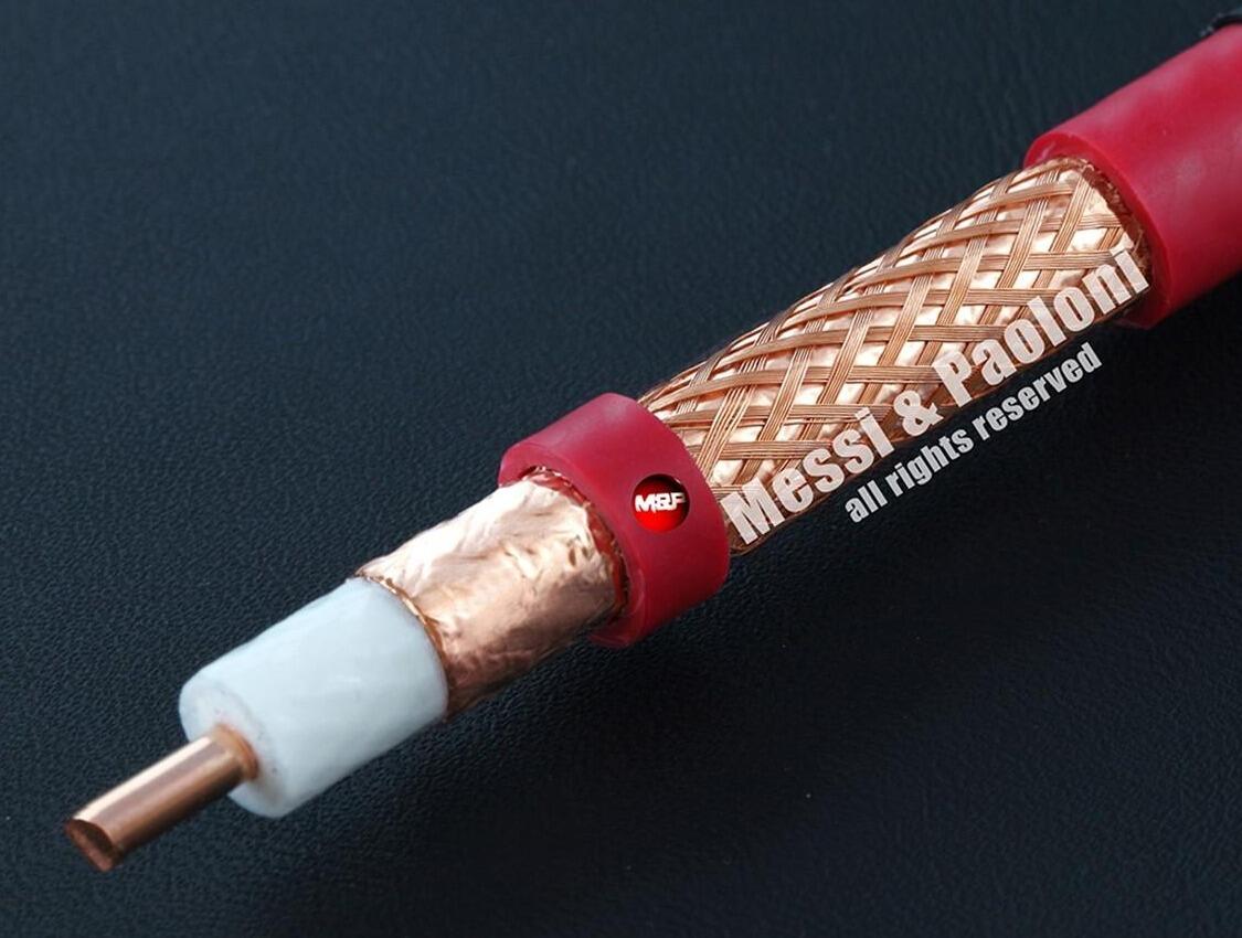 Messi & Paoloni Broad‑Pro 50 .488" coax cable with exposed layers including copper core, shielding, and dual protective jackets