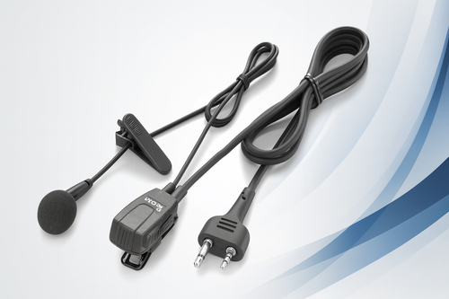 “Icom HM‑166 earpiece microphone with clip and dual‑pin connector for Icom radios”