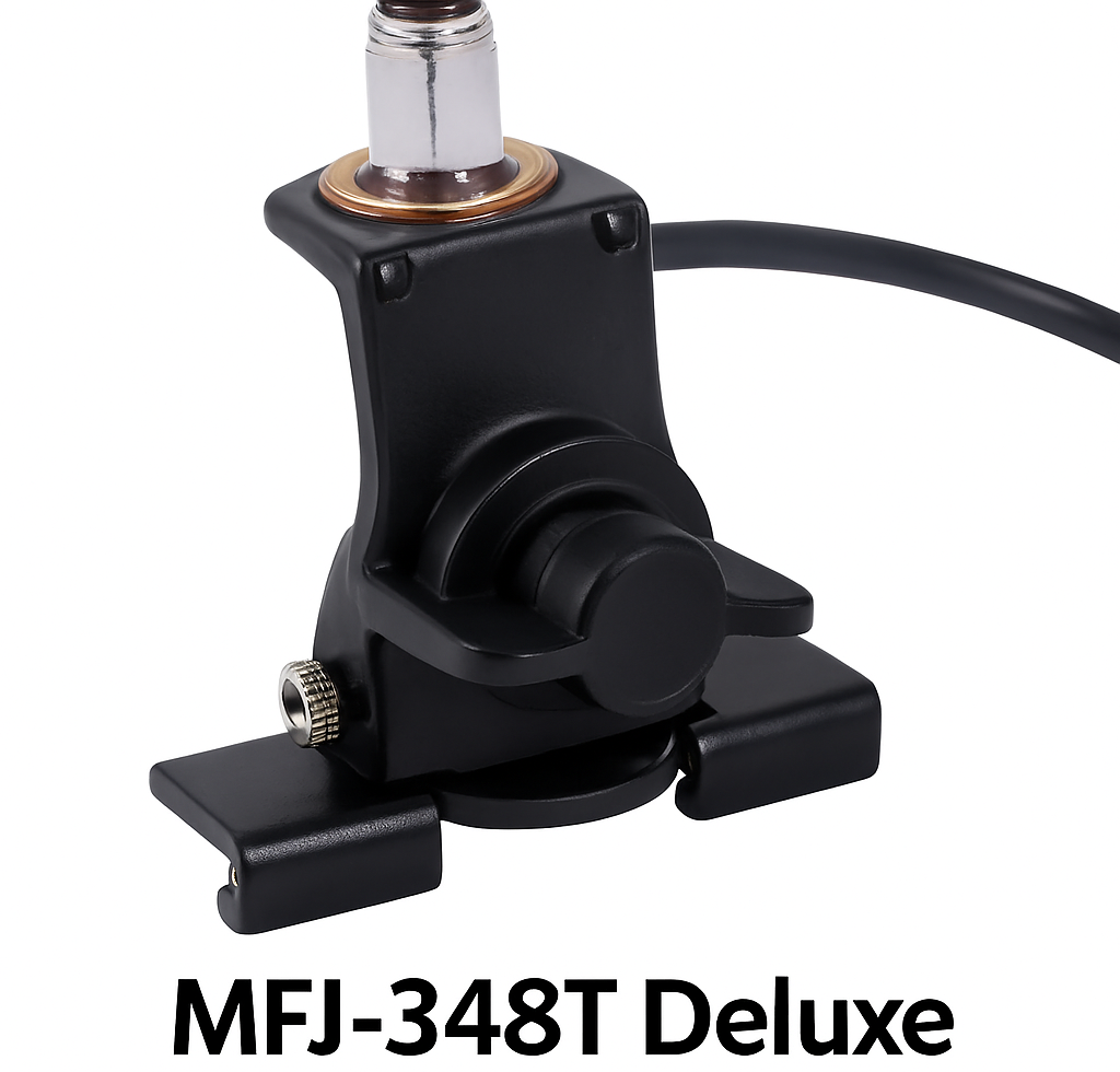 Heavy‑duty MFJ‑348T trunk and hatchback antenna lip mount with wide 3.3‑inch lip and included coax cable