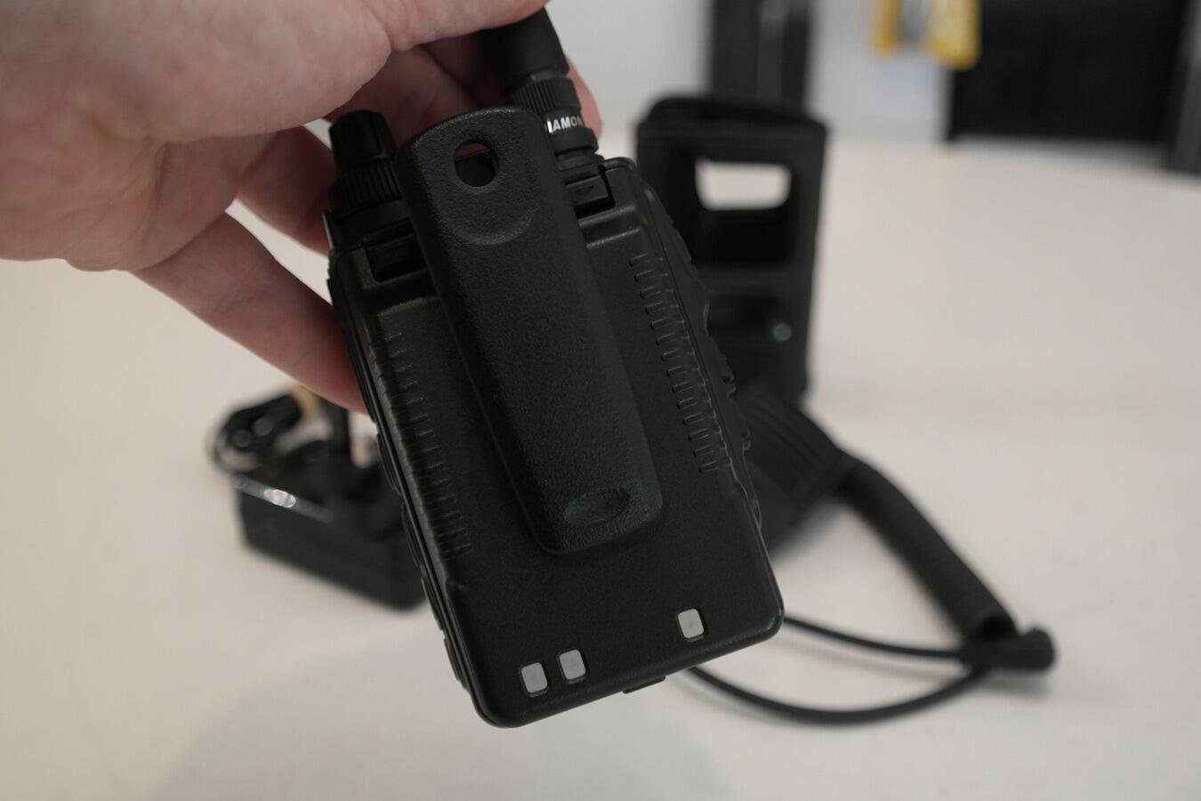 Yaesu FT3DE rear battery and belt clip detail
