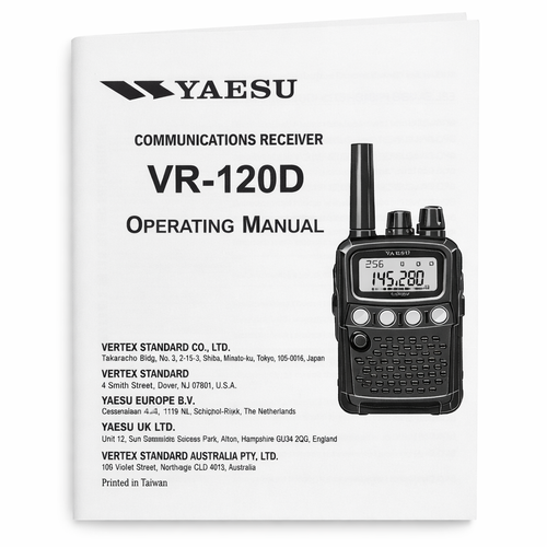 Yaesu VR-120D communications receiver operating manual with radio illustration on cover