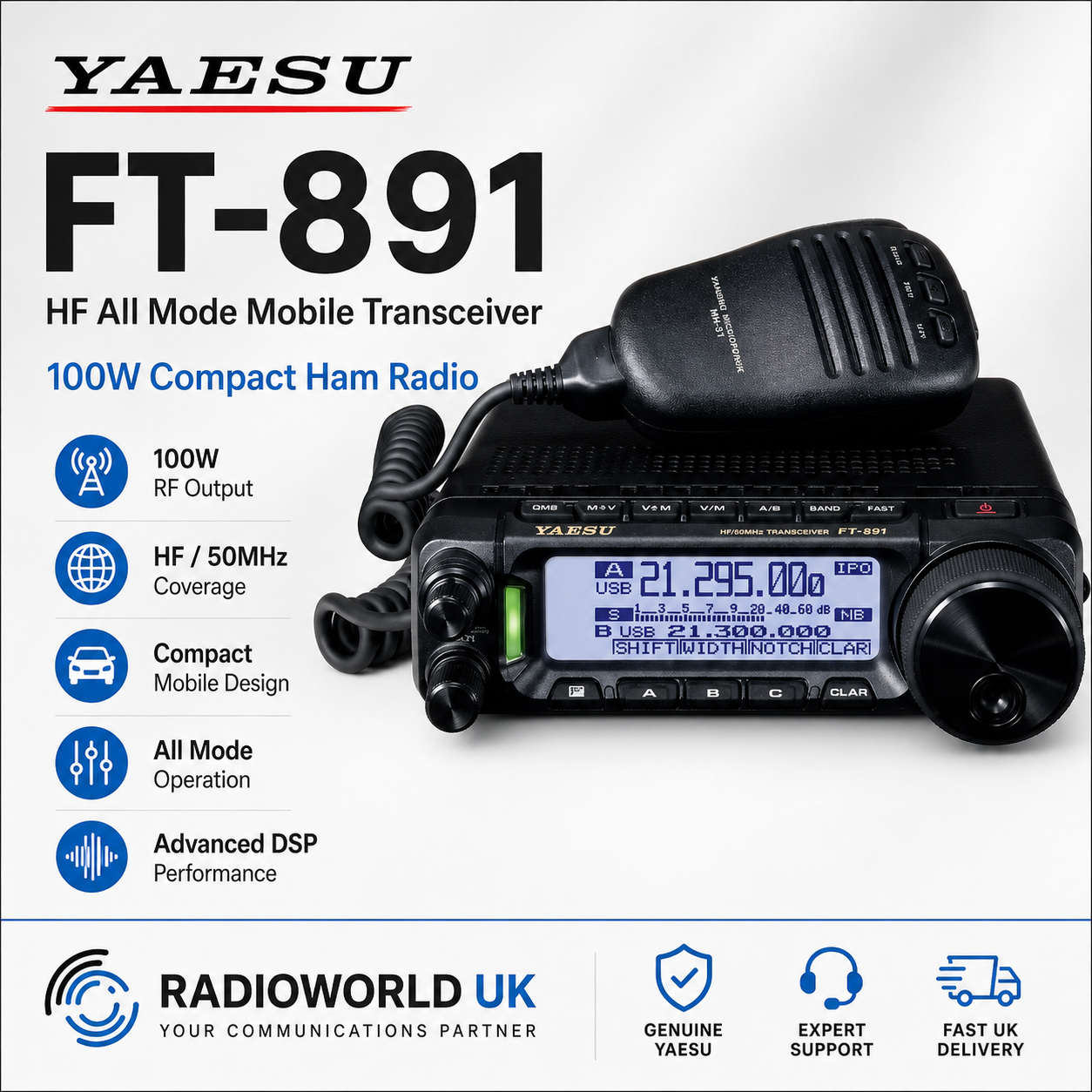 Yaesu FT‑891 HF all mode mobile transceiver front view – 100W compact HF/6m radio