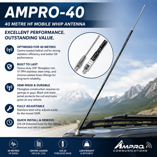 ampro‑40 40m mobile antenna 7mhz hf helical whip radioworld uk