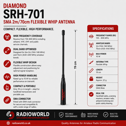 diamond srh‑701 sma 2m/70cm flexible whip antenna rx 118–900 mhz – radioworld uk
