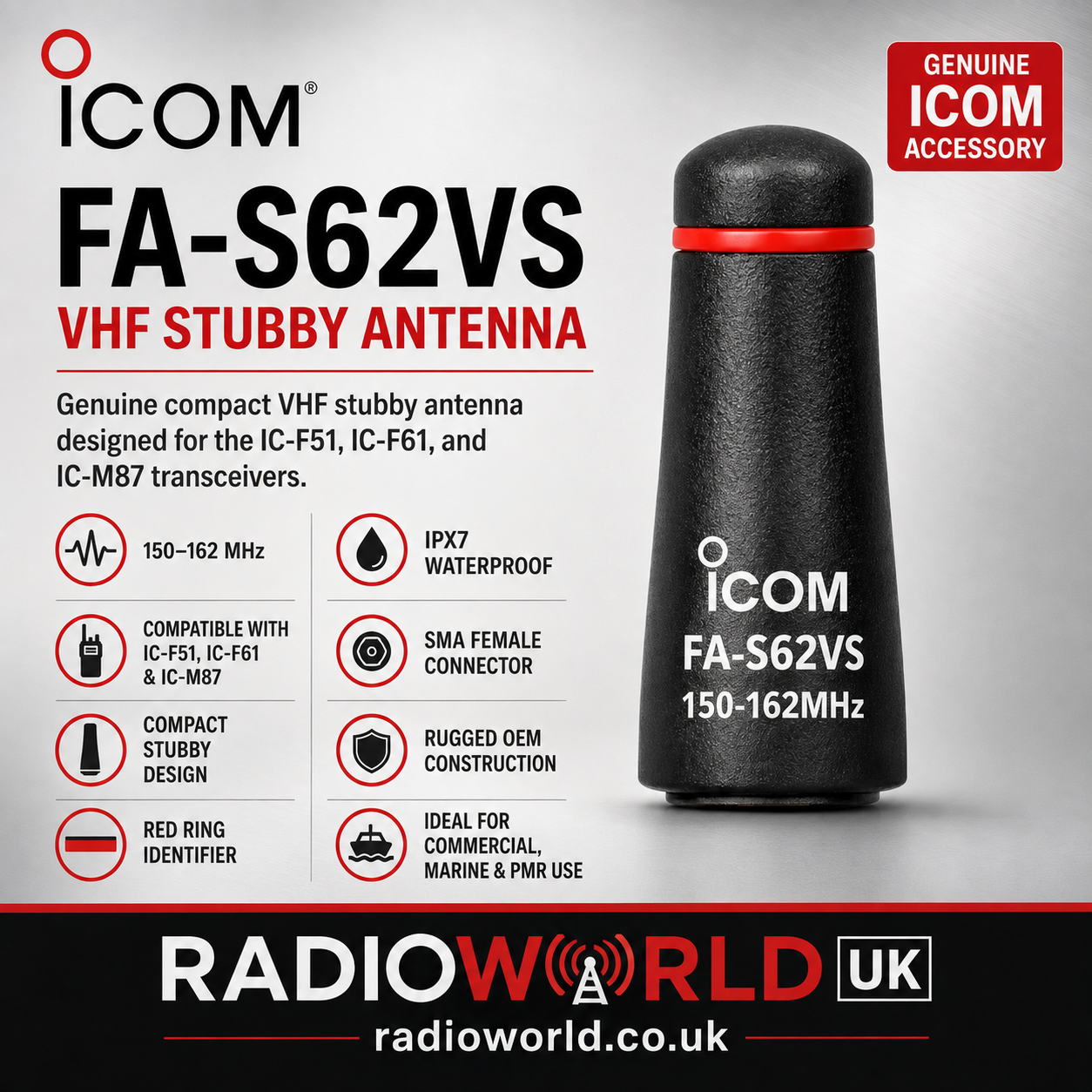 Icom FA‑S62VS VHF Stubby Antenna 150–162 MHz – SMA - Radioworld UK