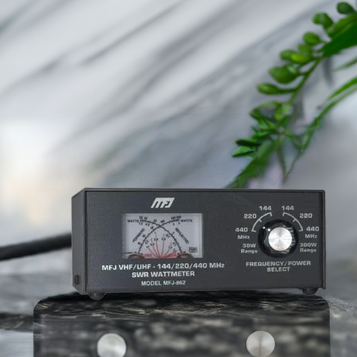 MFJ‑862 VHF/UHF cross‑needle SWR and power meter for 144/220/440 MHz bands