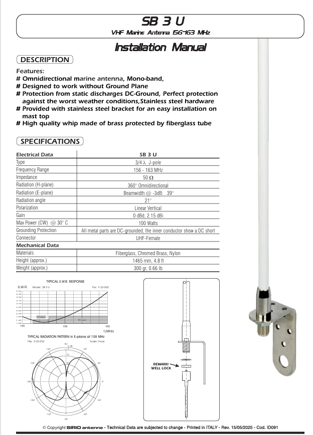 Sirio SB 3 U – VHF Marine Antenna Product Page - Radioworld UK