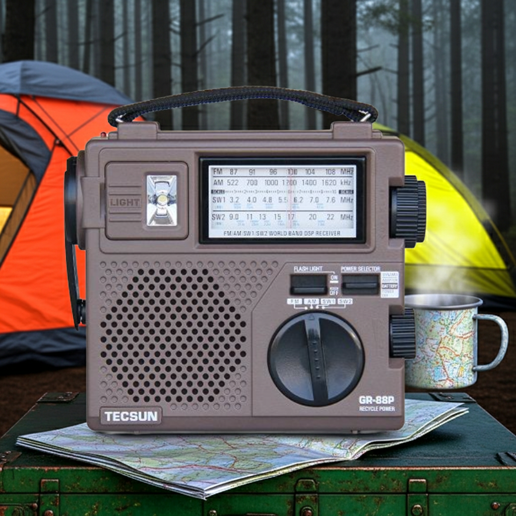 Tecsun GR-88P survival radio near steaming mug and orange tent at dawn