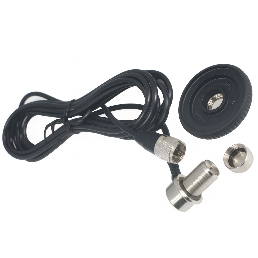 Sirio body mount with SO239 stud, 4m RG58 coaxial cable, and PL259 connector for mobile CB and ham radio antenna installations.